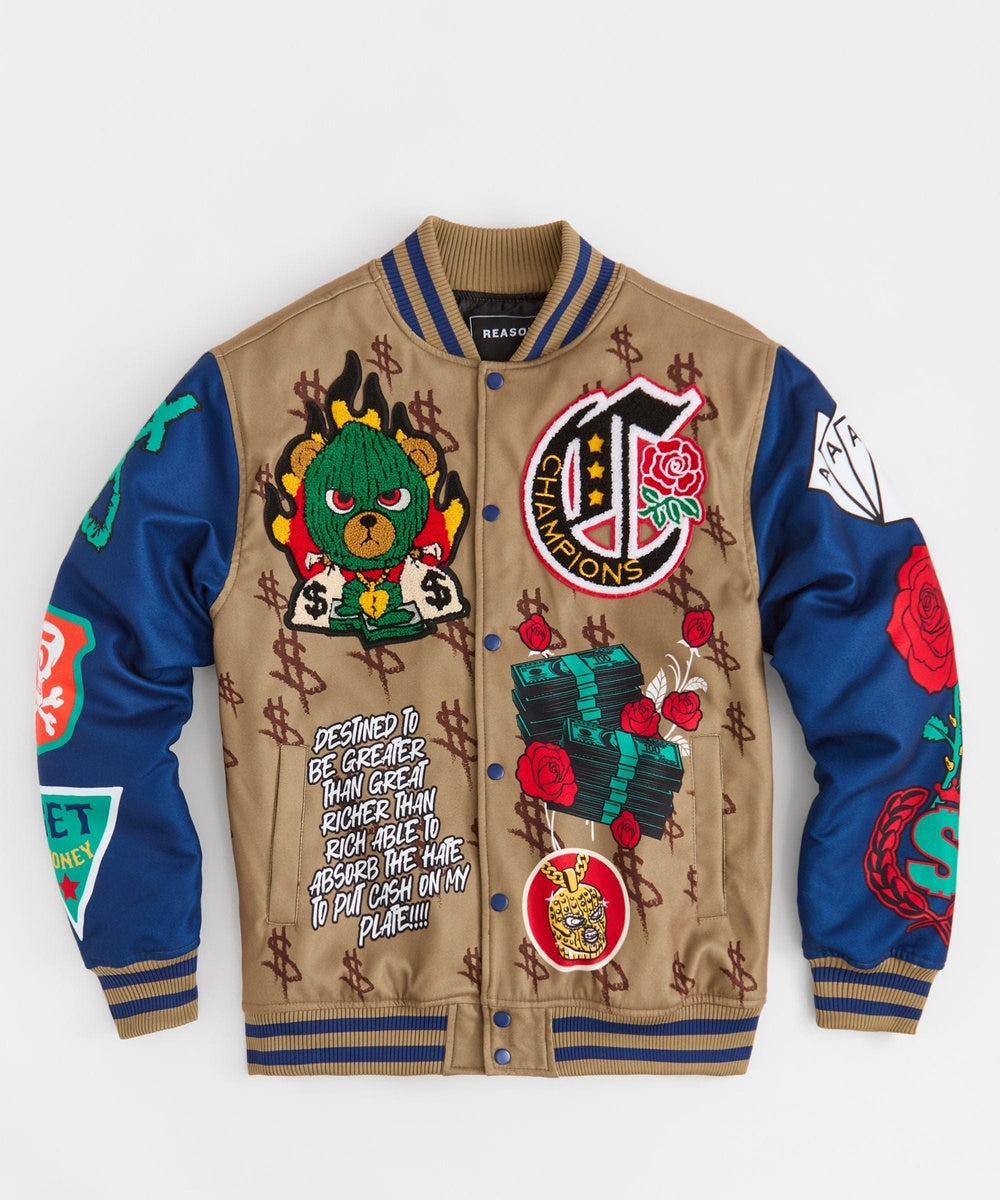 Paper Chaser Chenille Patched Varsity Jacket - Khaki
