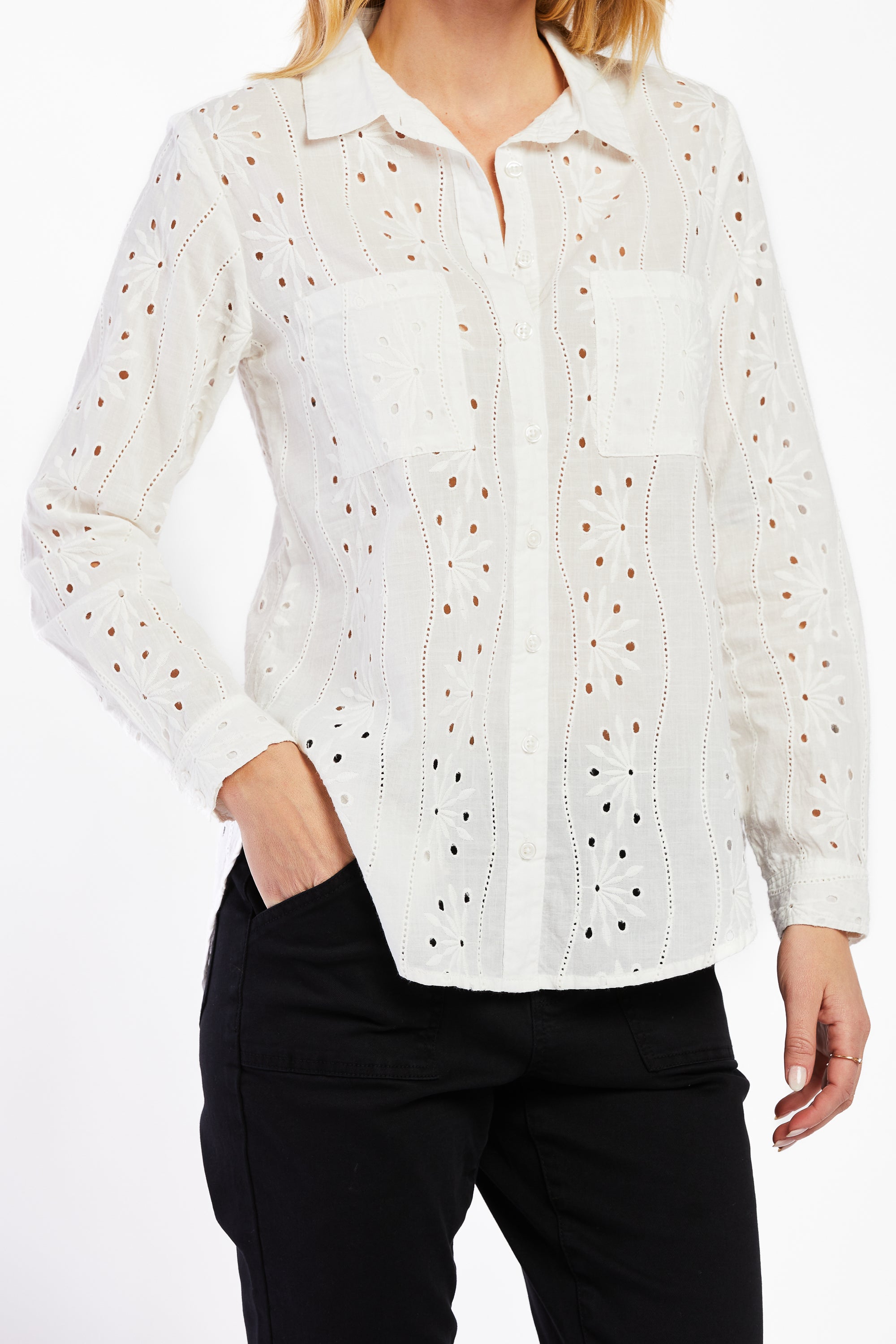 Anise Long Sleeve Eyelet Button Down Shirt White / Xs
