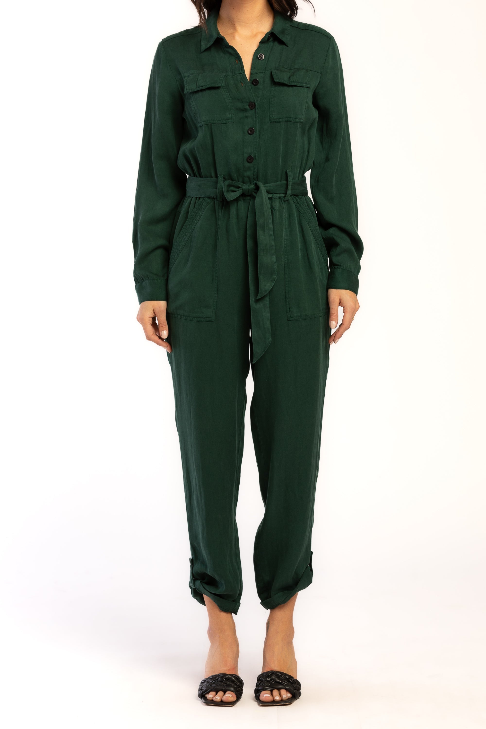 Frenzia Long Sleeve Utility Style Jumpsuit Button Down Tab Cuff Hem Se