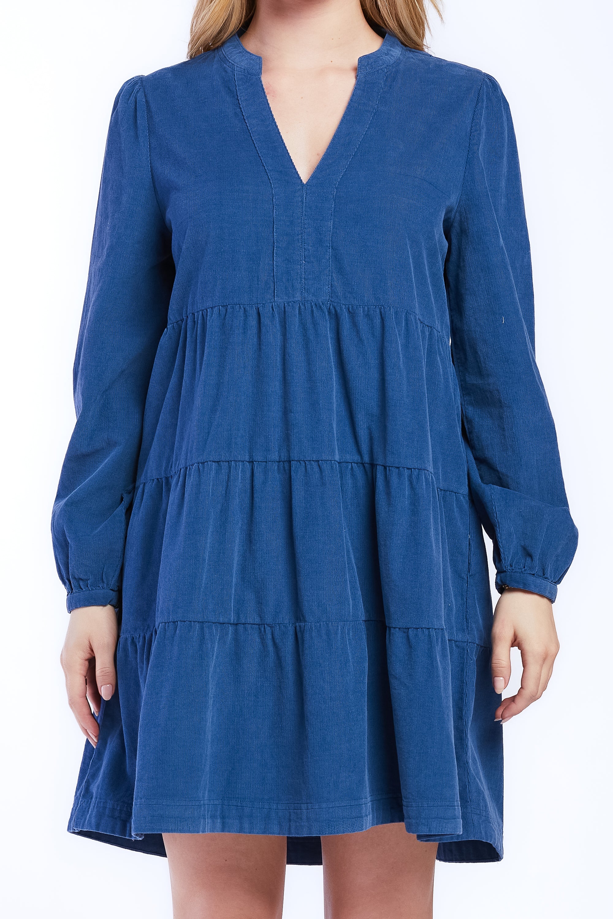 Sherin Long Sleeve with Slight Shoulder Shirring V Neck Banded Collar Three Tier Baby Doll Dress Side Seam Pockets Blue / M