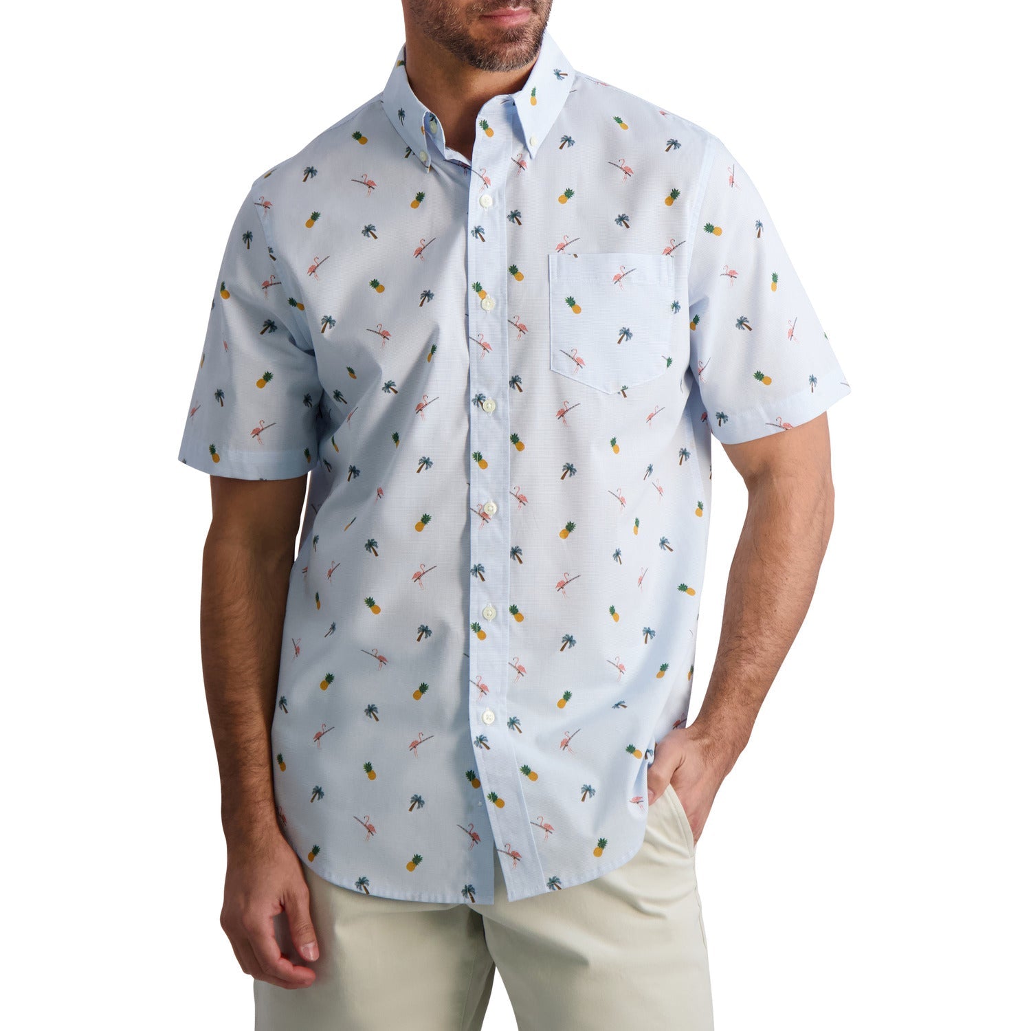 Chaps Mens Short Sleeve Recycled Poly Stretch Woven Blue Shirt Chaps Mens Short Sleeve Recycled Poly Stretch Woven Blue Shirt