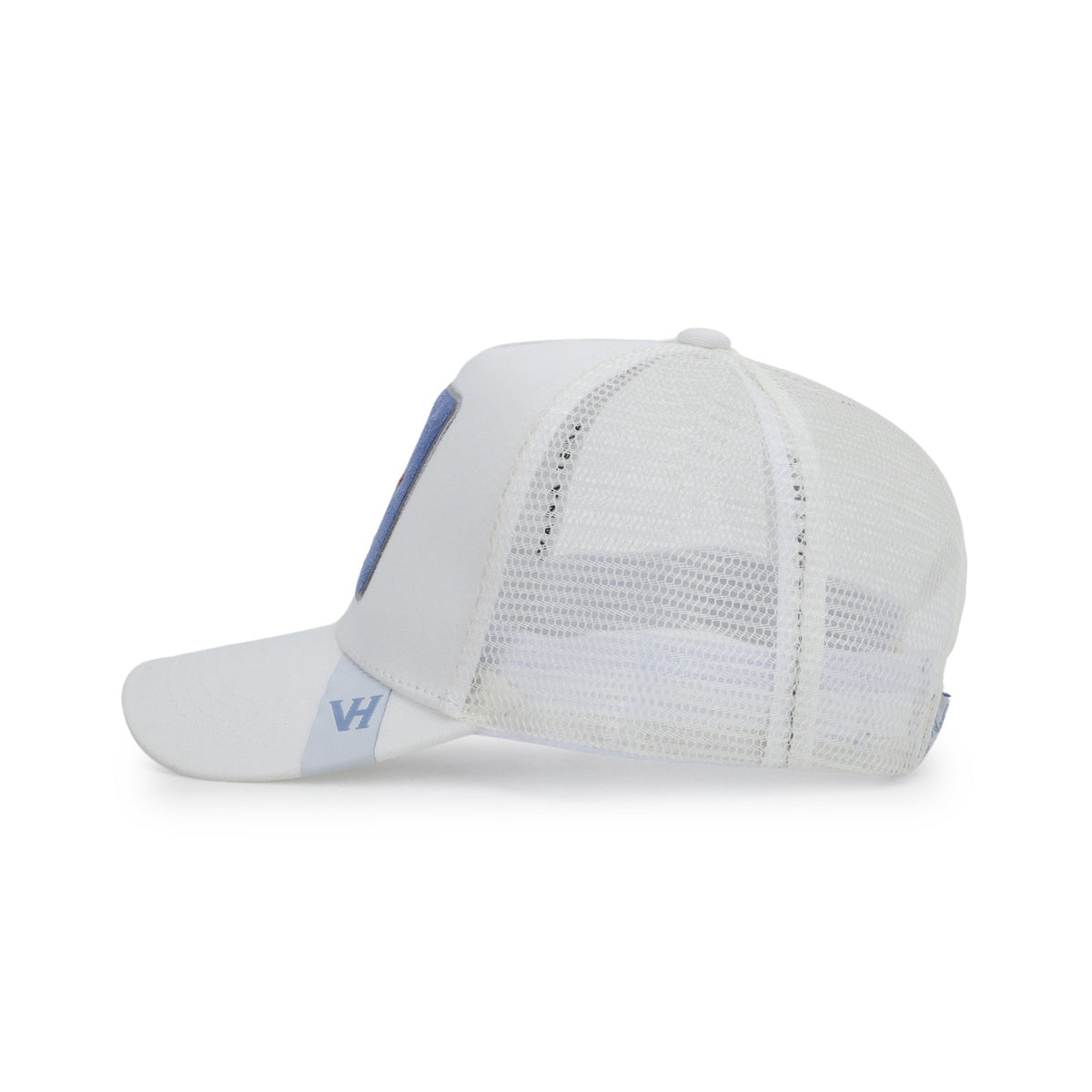 Vintage Havana Trucker Hat for Women – Off White Mesh & Canvas Adjustable Cap With Blue Suede Patch & Red Star