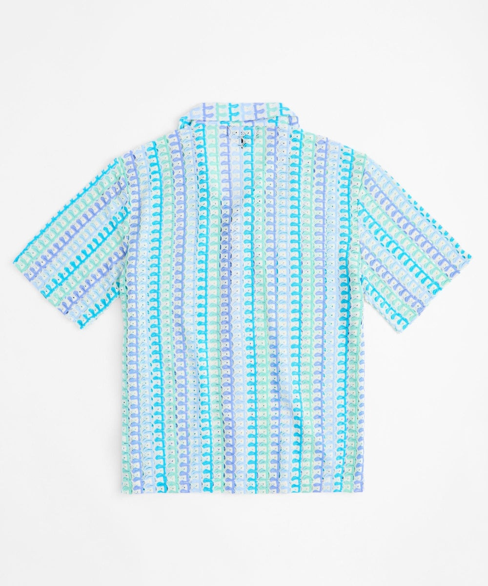 Textured Knit Short Sleeve Button Down Shirt - Light Blue