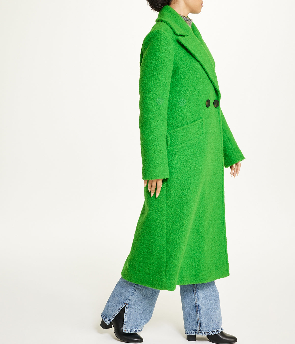 Notch Collar Double Breasted Boucle Coat Kelly Green