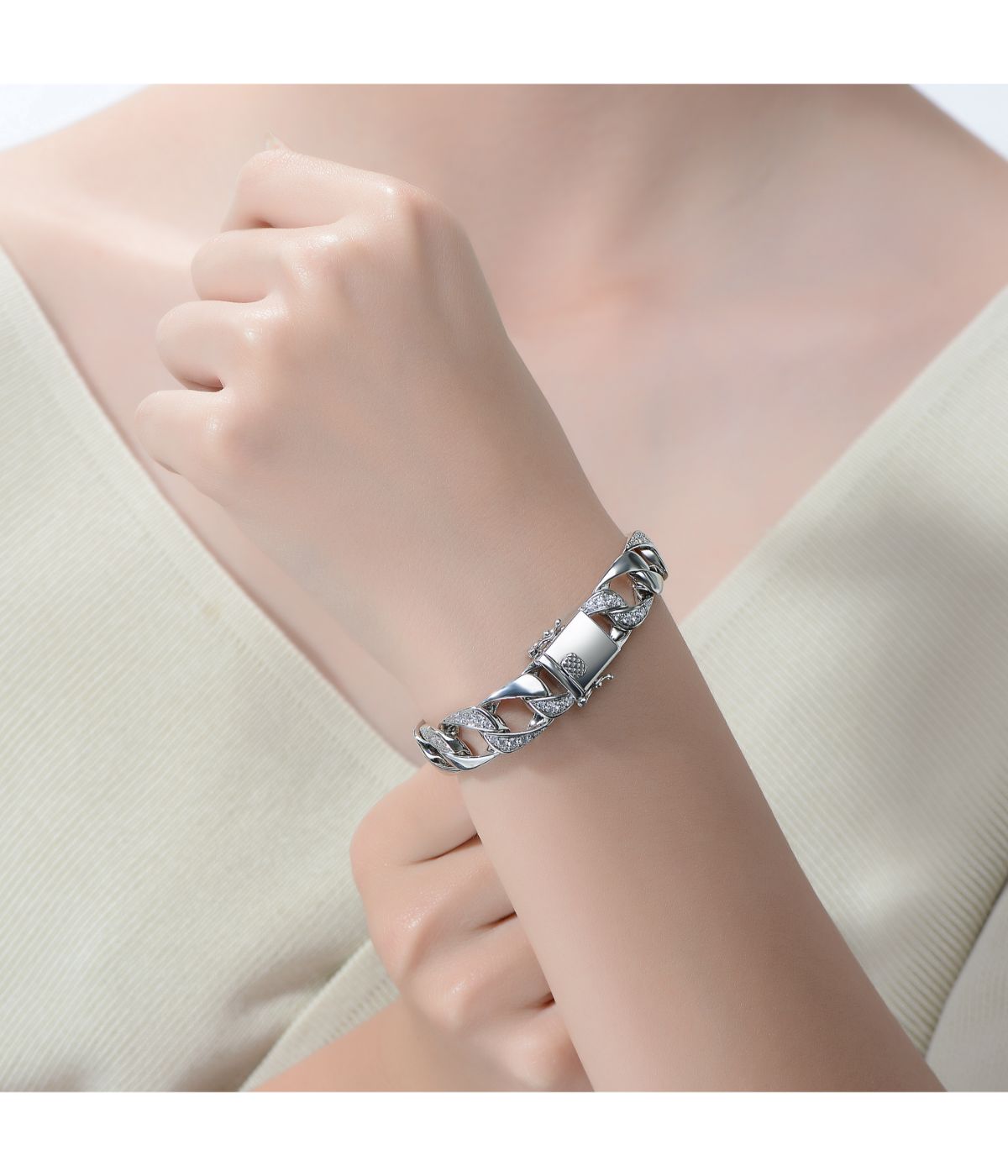 Men's Sterling Silver White Gold Plated with Iced Out Cubic Zirconia Miami Cuban Chain Bracelet