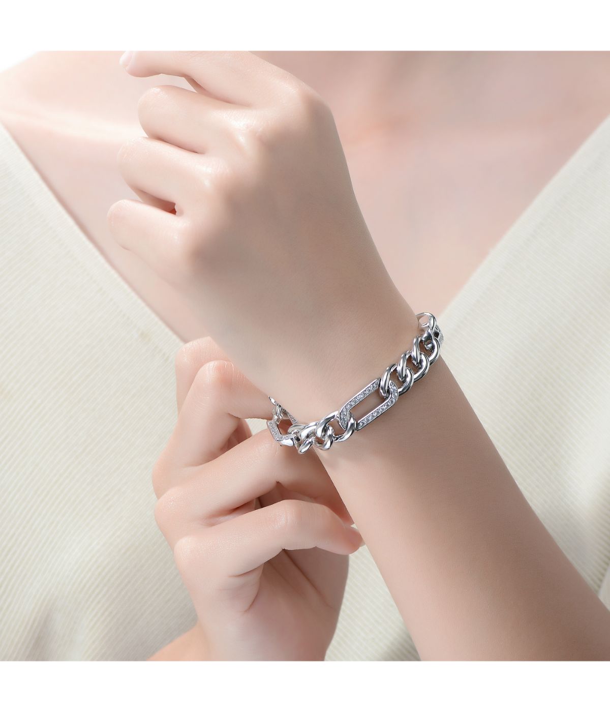 Men's Sterling Silver White Gold Plated with Iced Out Cubic Zirconia Paper Clip Curb Chain Bracelet
