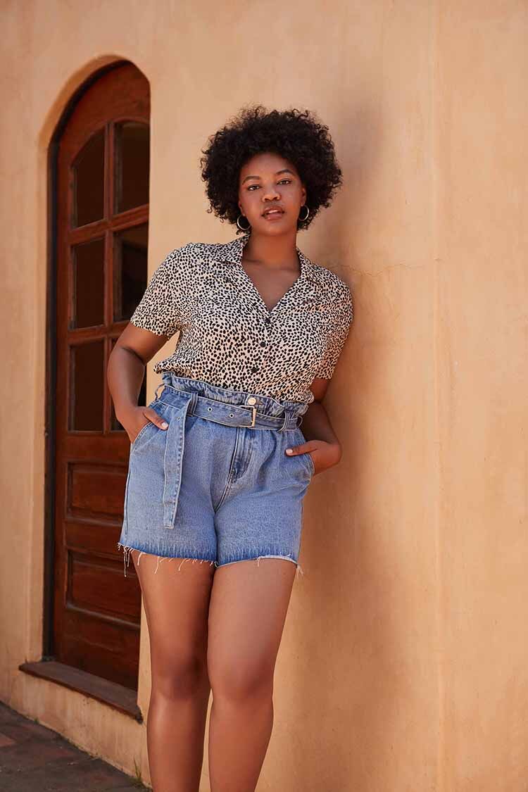 Plus Size Paperbag Denim Shorts - Main Image