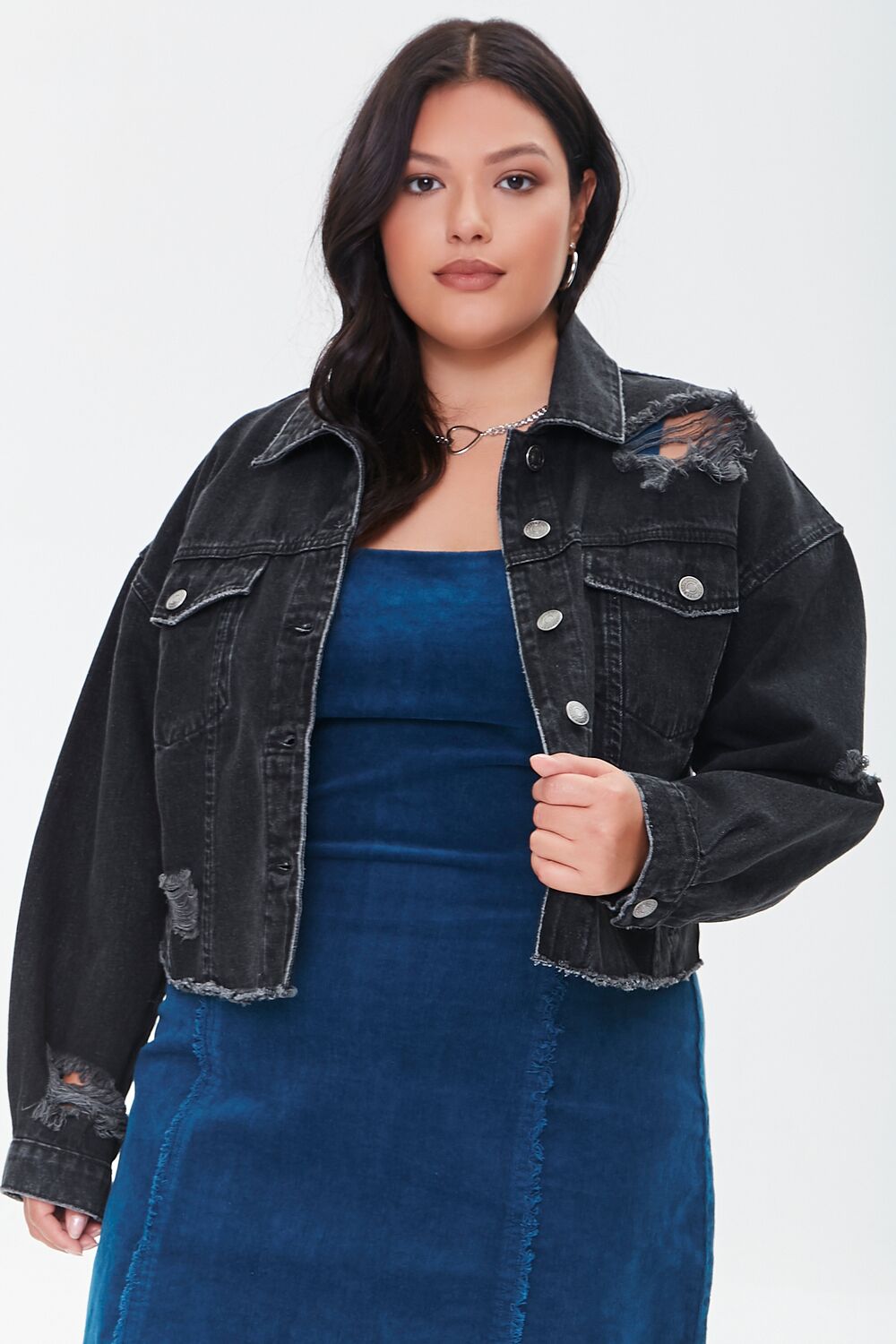 Plus Size Distressed Denim Jacket - Main Image