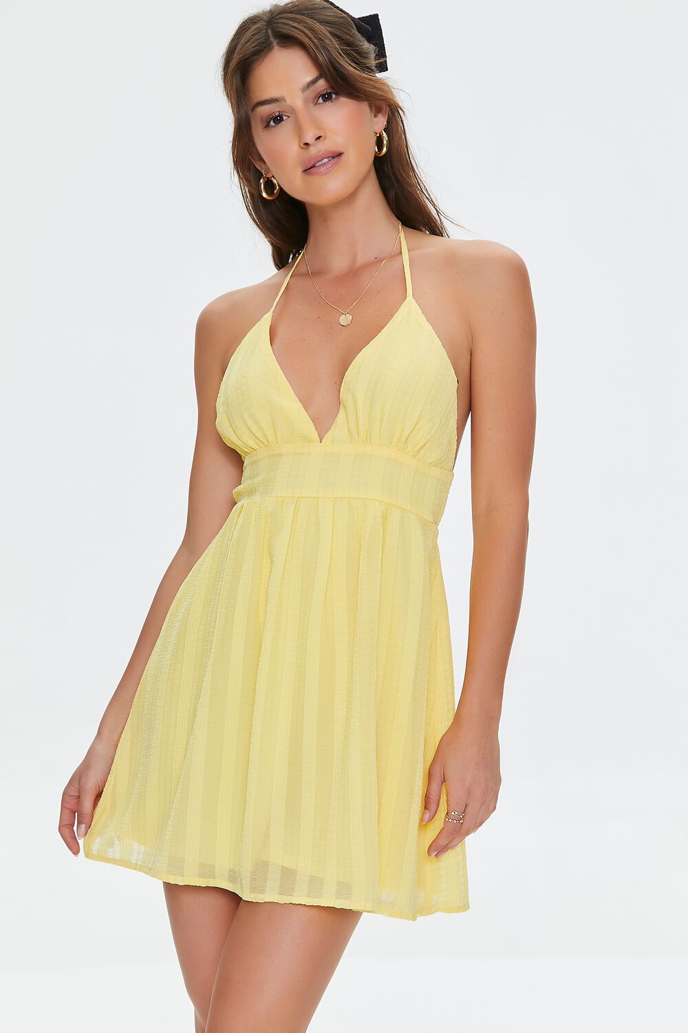 Striped Open-Back Halter Mini Dress