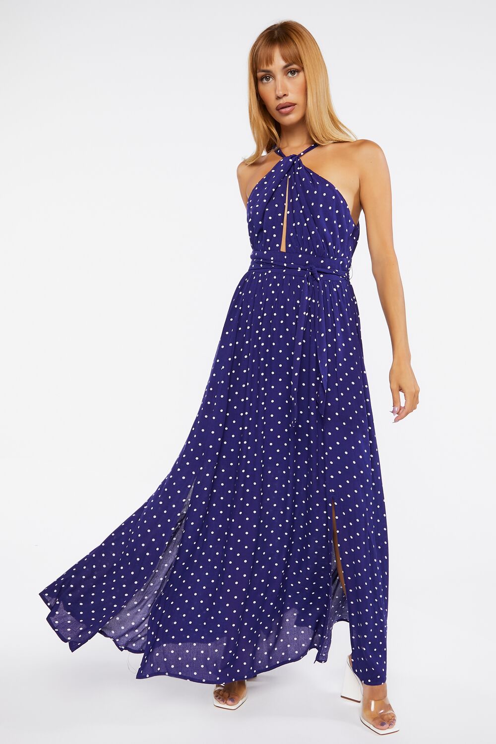 Belted Polka Dot Halter Maxi Dress Belted Polka Dot Halter Maxi Dress
