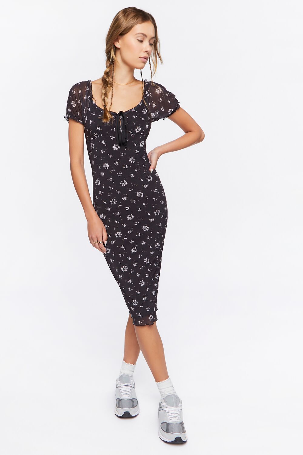 short sleeve floral mesh midi dress Floral Print Mesh Midi Dress