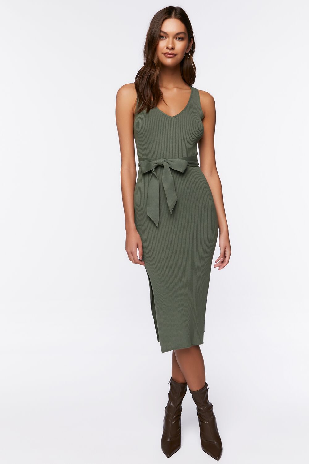 fitted lace wedding dress Belted Ribbed M-Slit Midi Dress