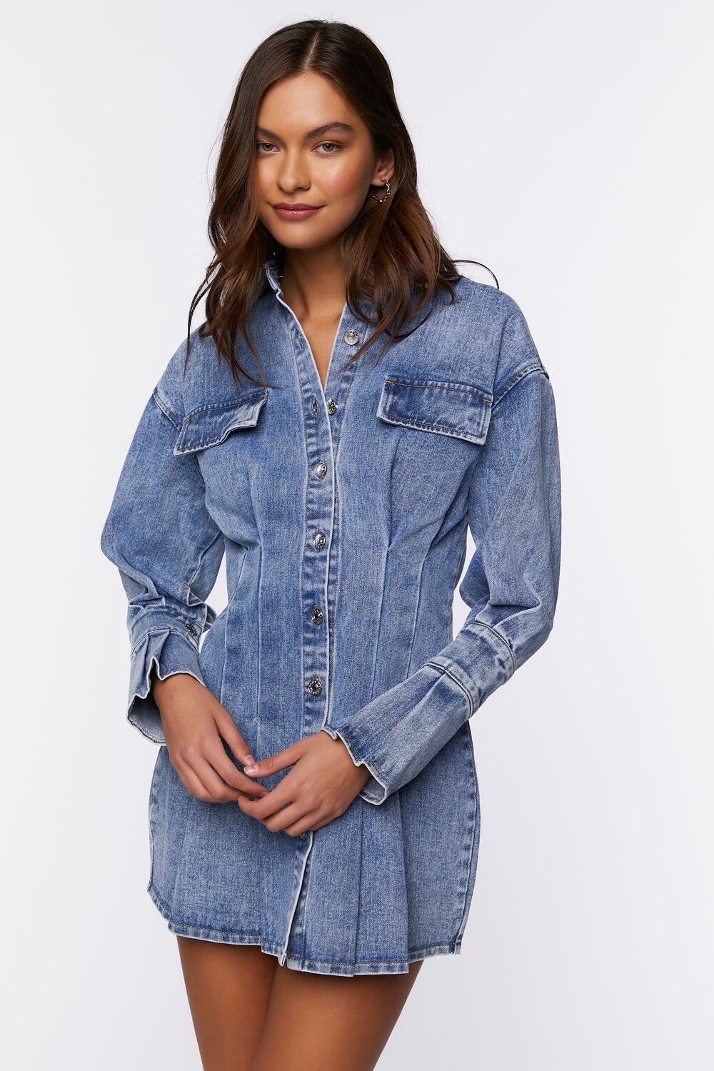 Pintucked Denim Mini Shirt Dress