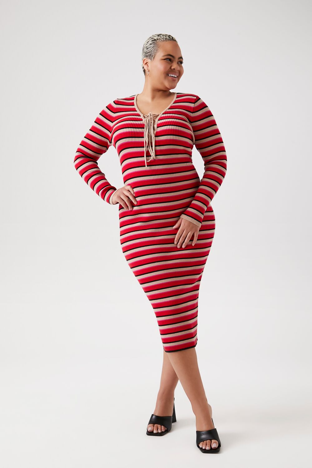chinese dress ladies Plus Size Striped Lace-Up Sweater Dress