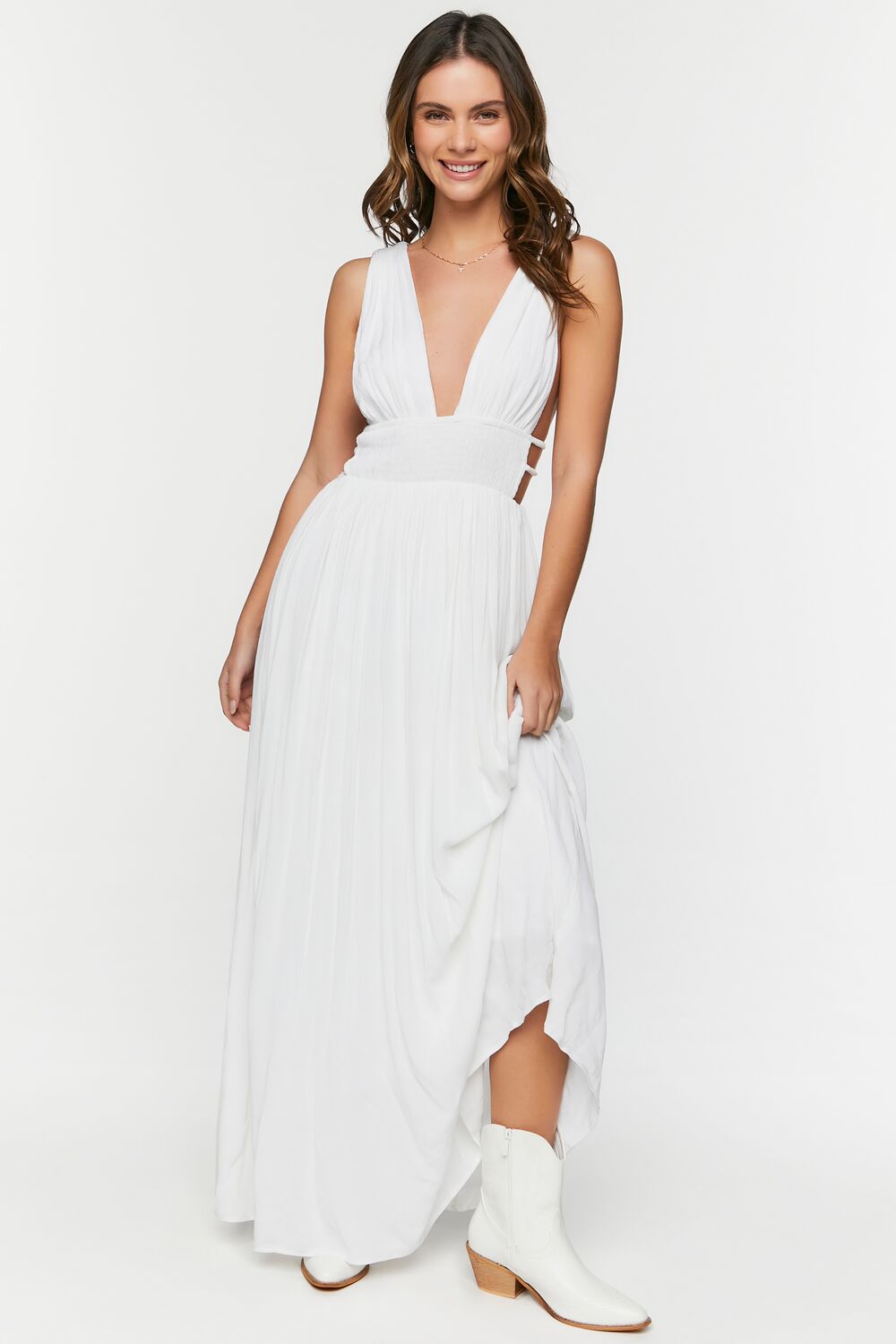 white maxi dress forever 21 Plunging Smocked Maxi Dress