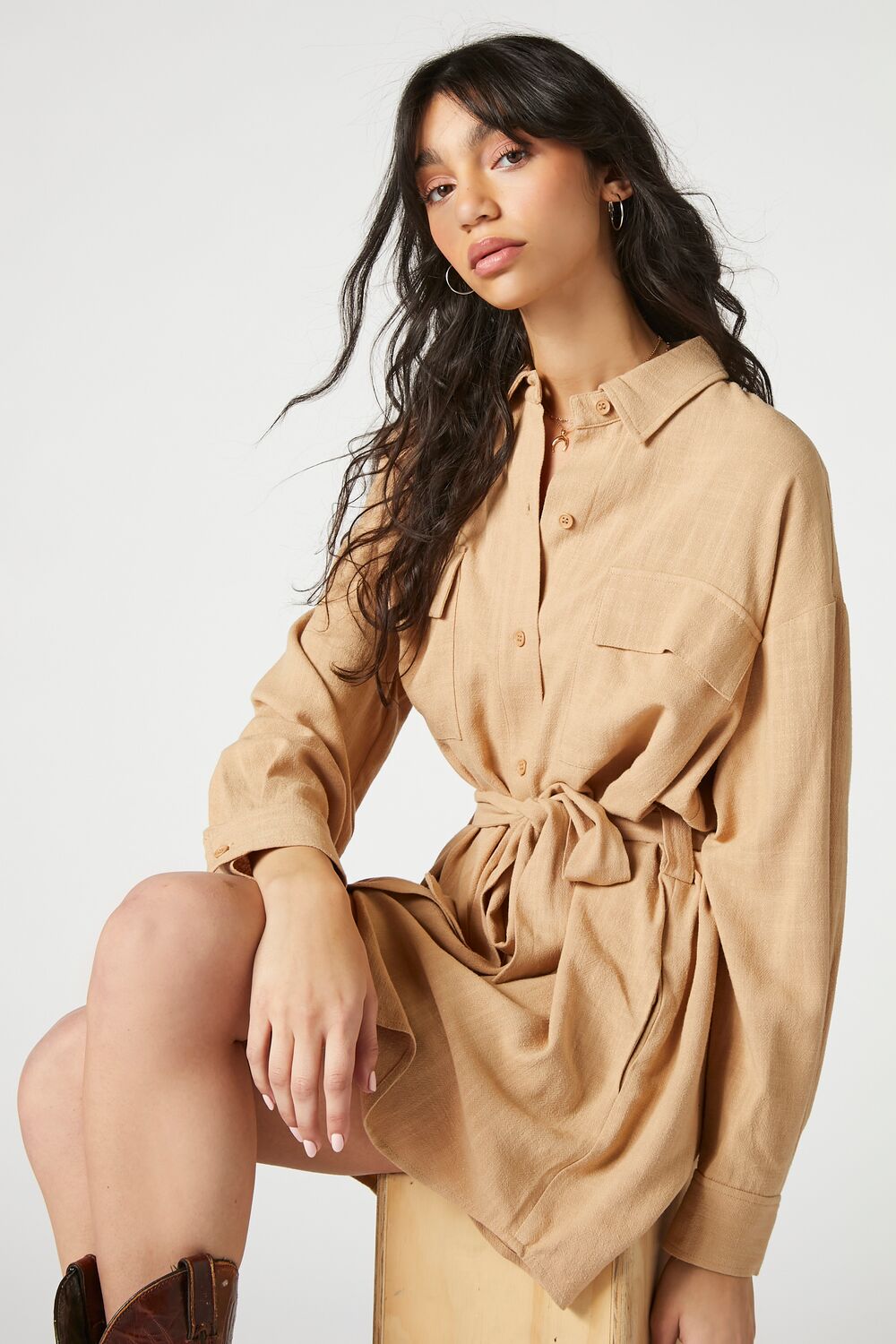 shirt dress mini length Tie-Waist Mini Shirt Dress