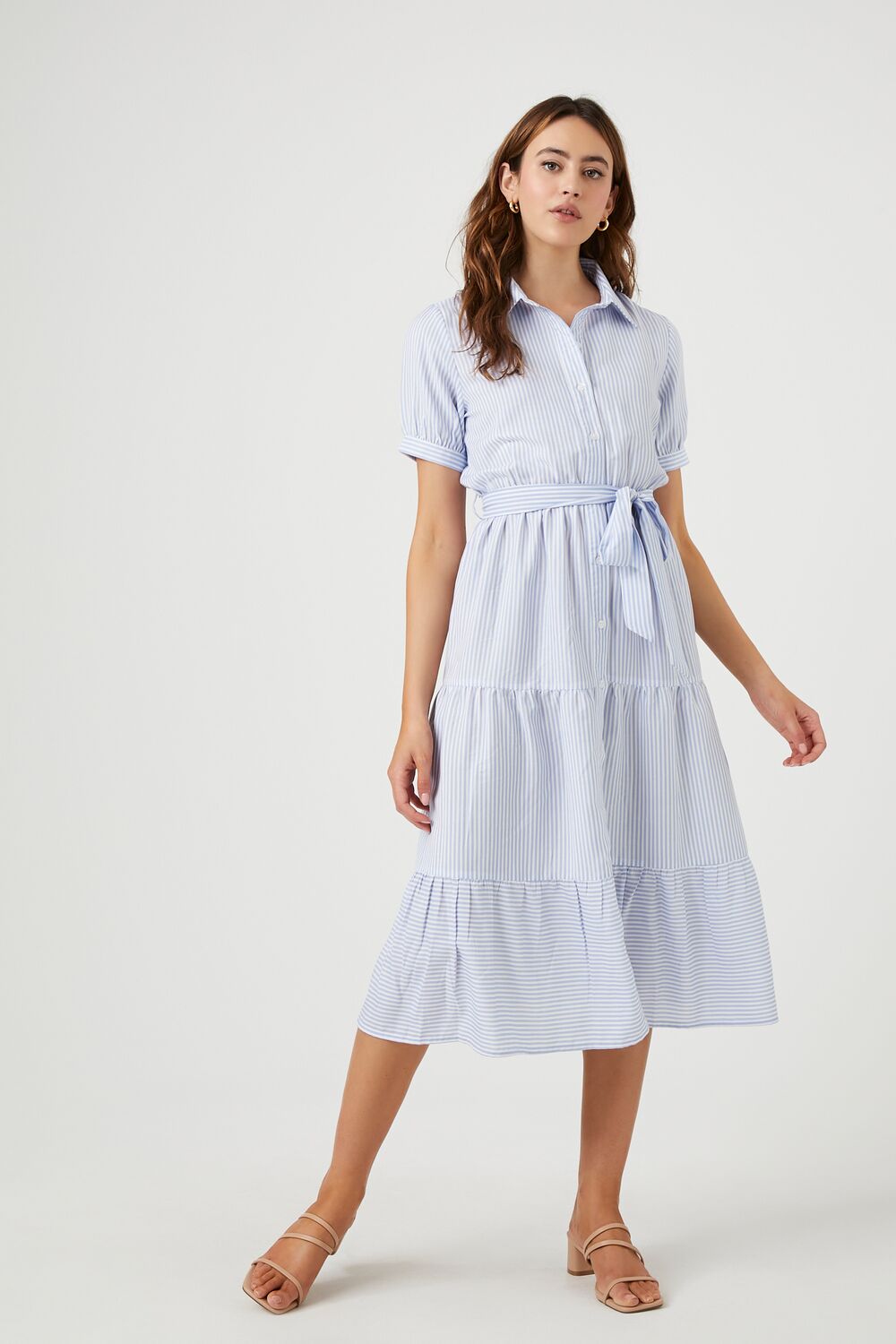 princess polly baby blue dress Marella Jutta Striped 3/4-Sleeve Midi Shirtdress