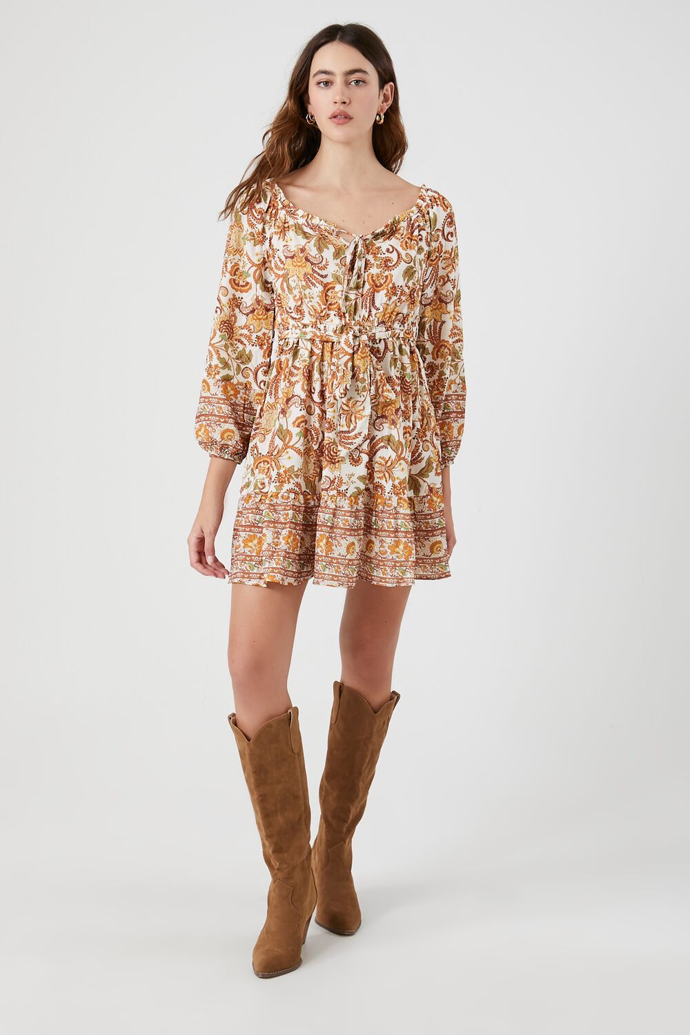 floral peasant mini dress Ornate Floral Print Mini Dress