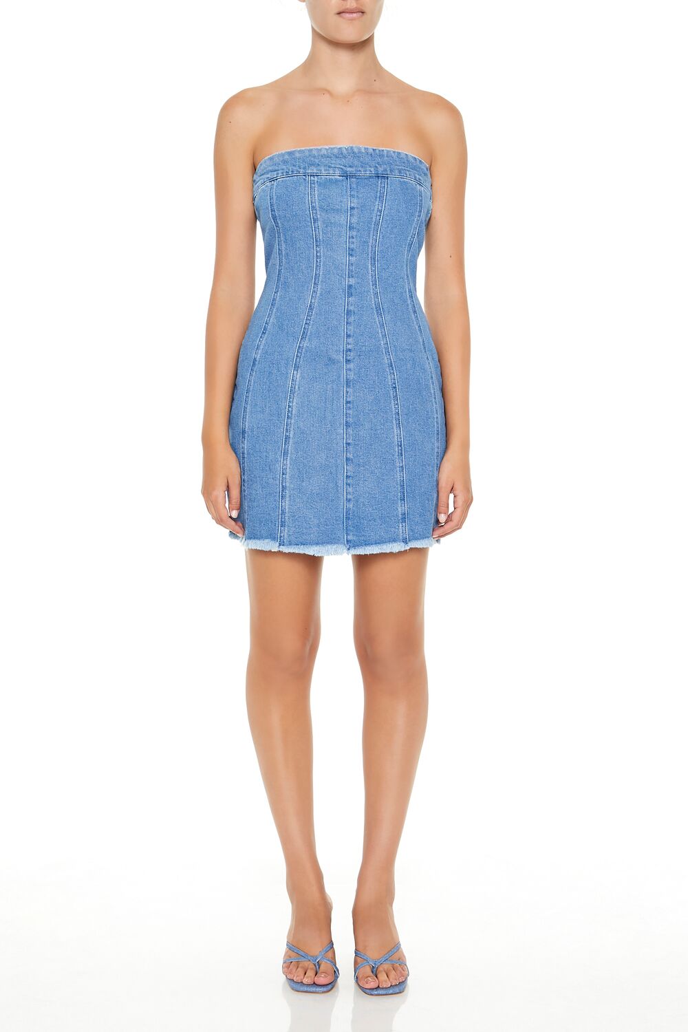 knee length dresses for ladies Frayed Denim Tube Mini Dress