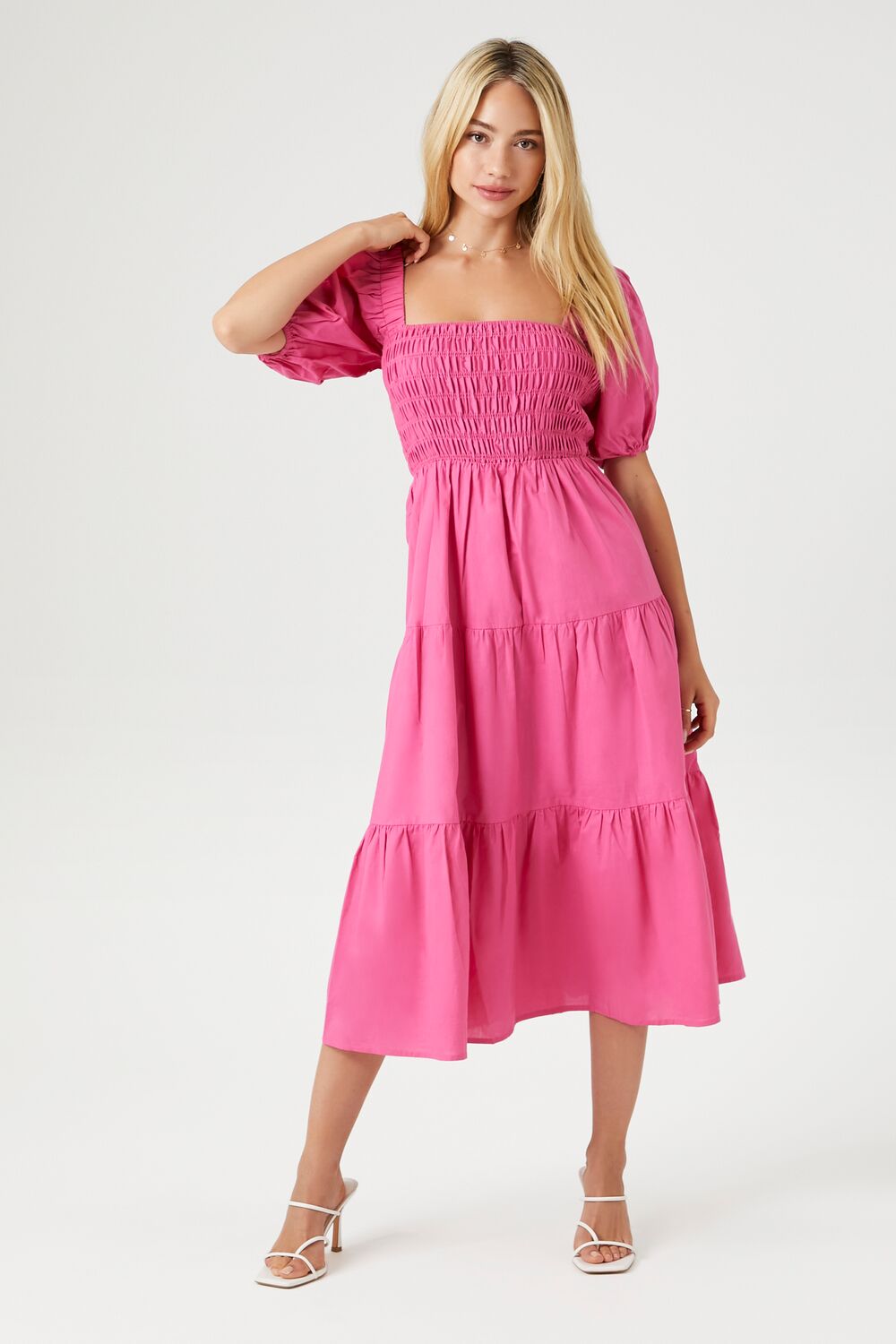 smocked bodice poplin midi dress Tiered Puff-Sleeve Midi Dress
