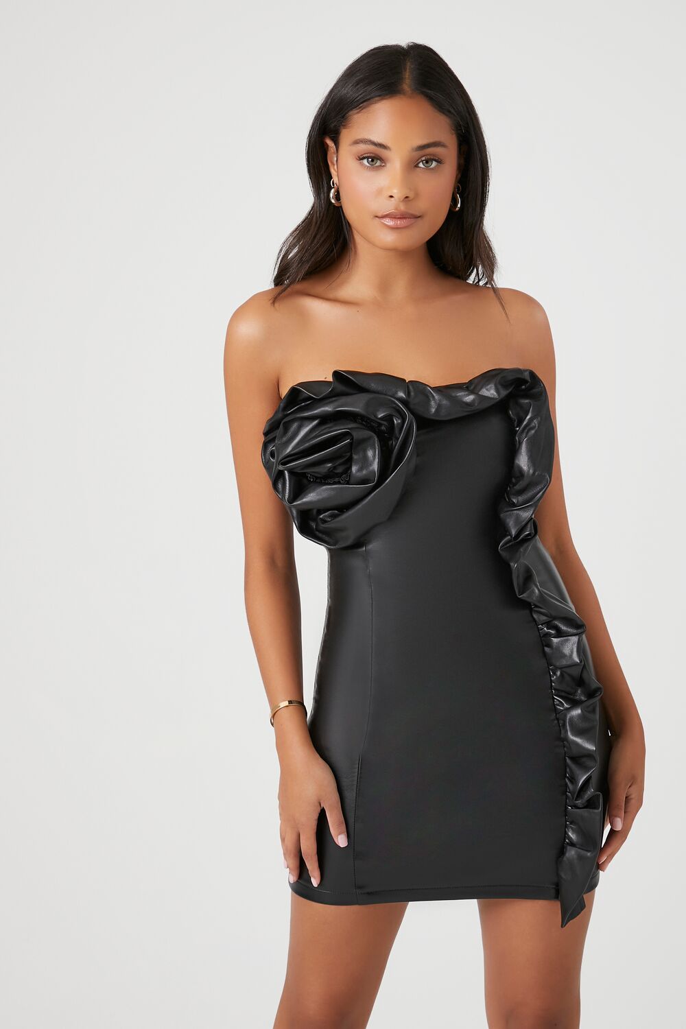 Faux Leather Rosette Tube Dress in Black-swatch | Size: M by Bonton Faux Leather Rosette Tube Dress in Black-swatch | Size: M by Bonton