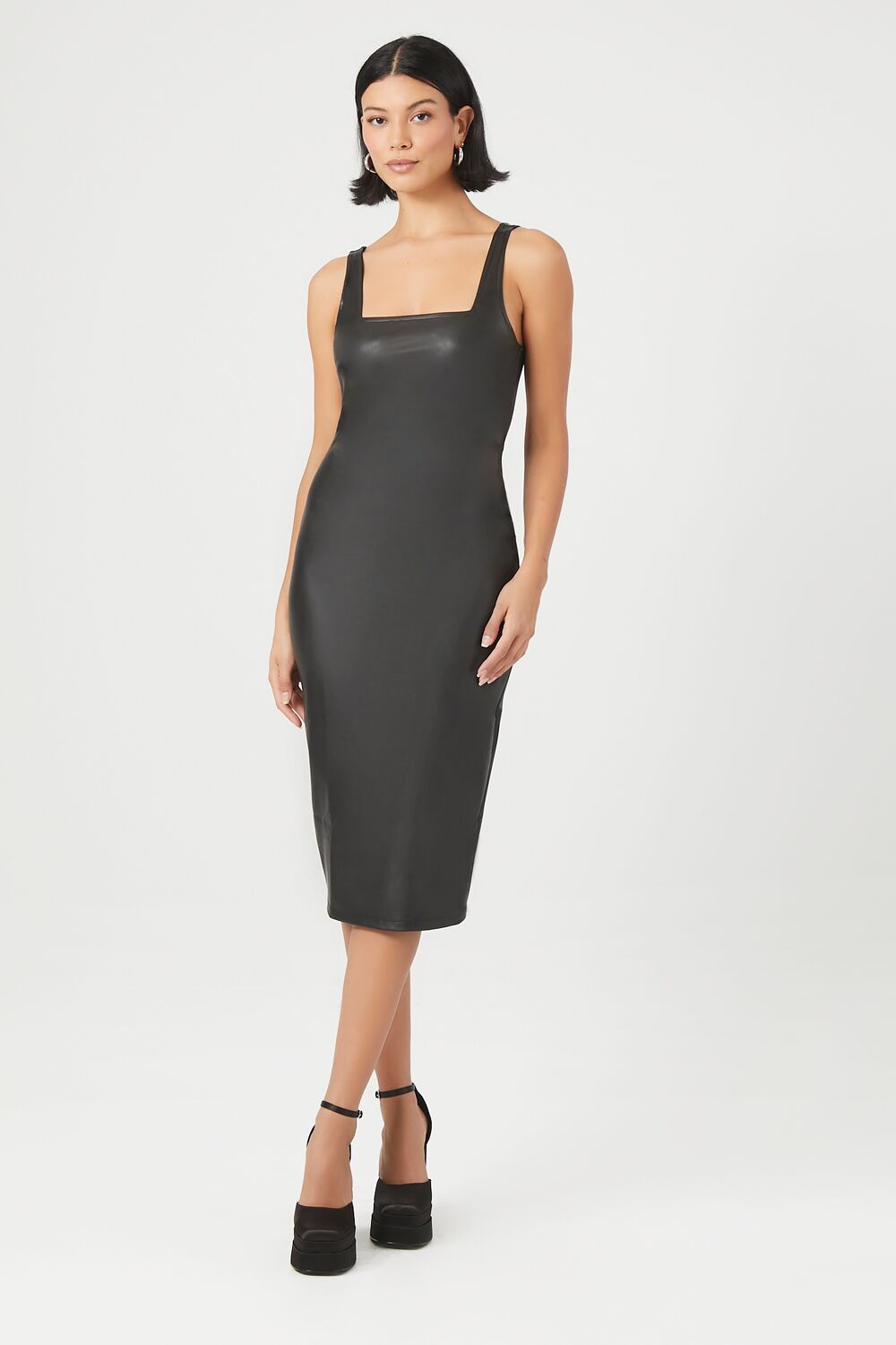 Faux Leather Slit Midi Dress Faux Leather Slit Midi Dress