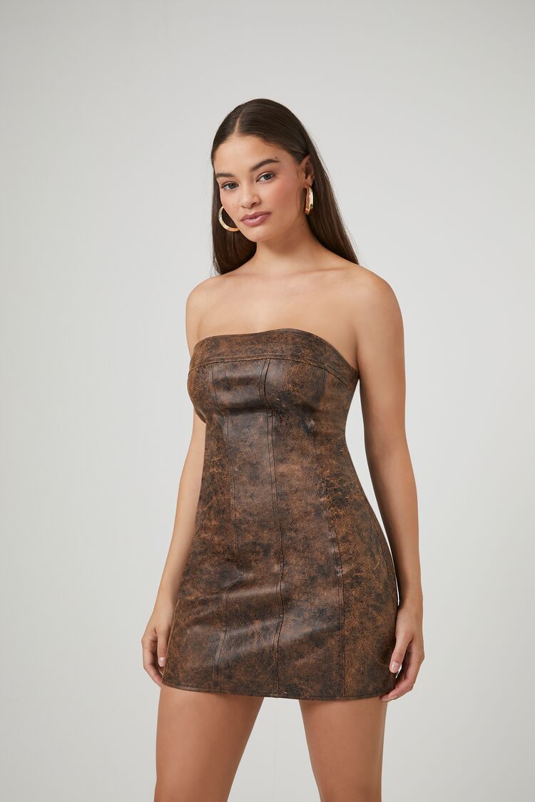 brown leather tube dress Faux Leather Tube Mini Dress