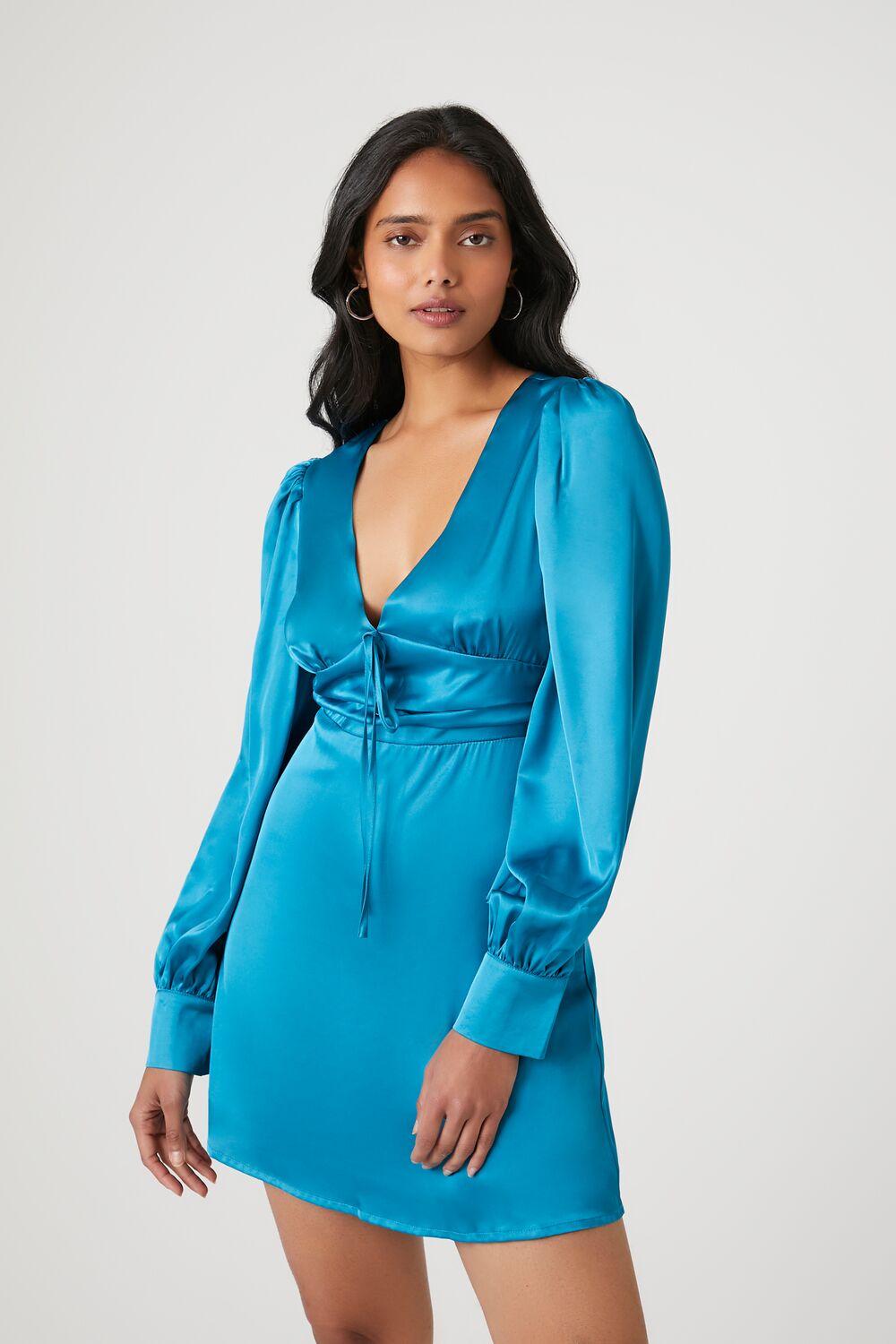 teal satin mini dress Plunging Satin Tie-Front Mini Dress