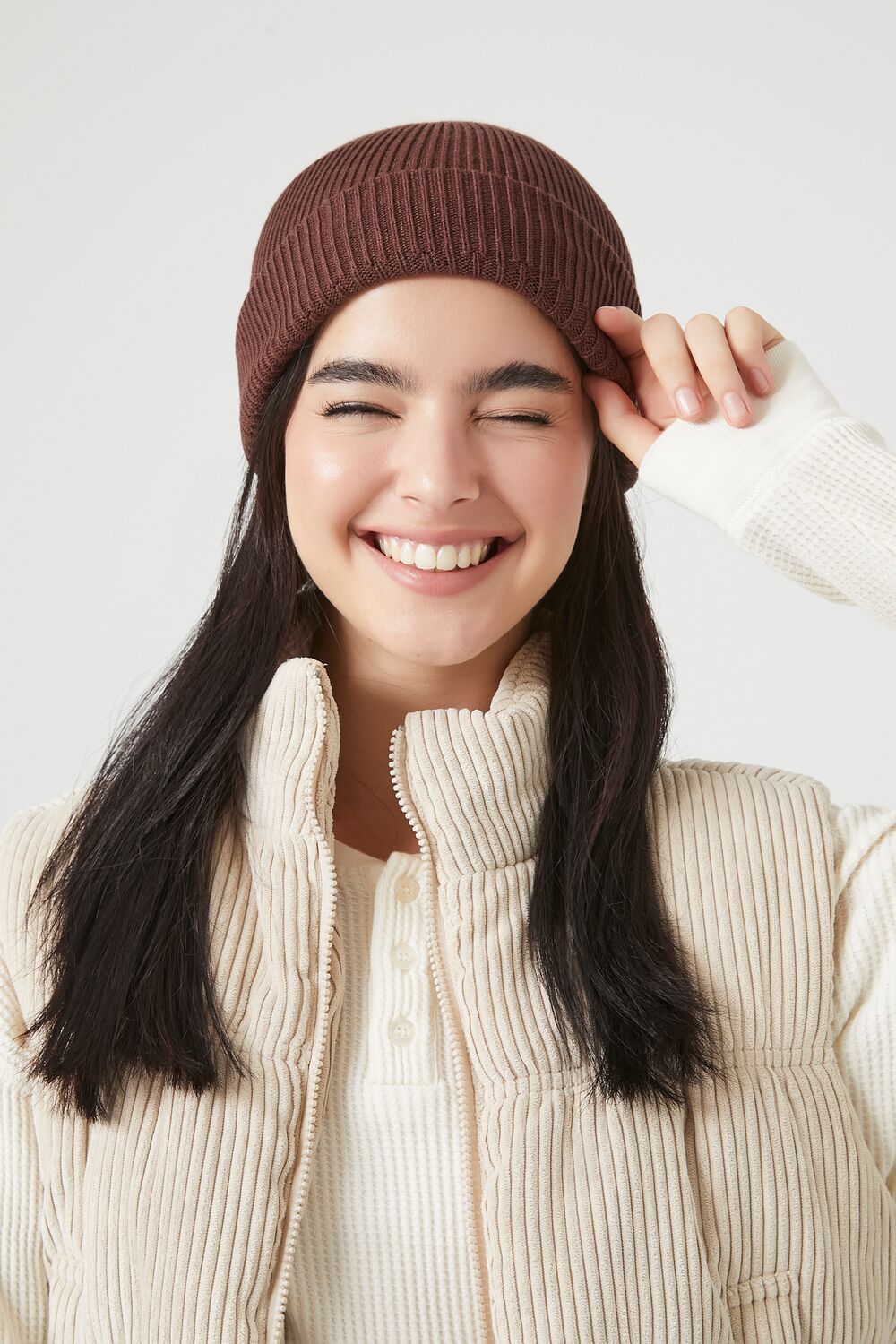 Women\'s Slouchy Ribbed Knit Hat - Brown Slouchy Knit Hat Wool Blend Winter Beanie Brown Tan Cuffed  main image 3
