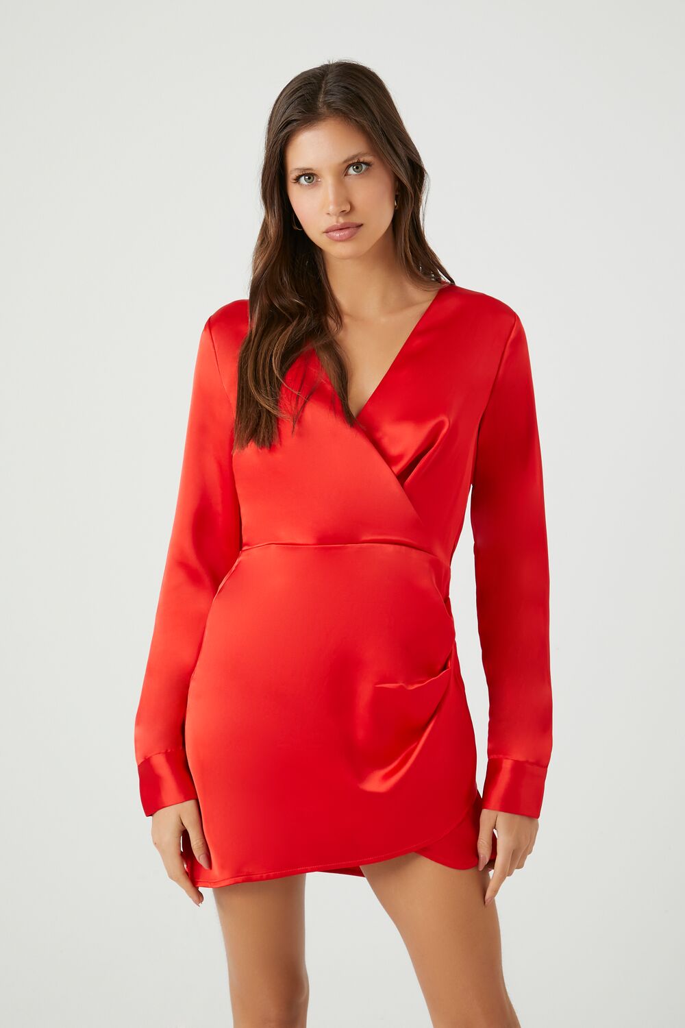 knee length dresses for ladies Satin Surplice Tulip-Hem Mini Dress