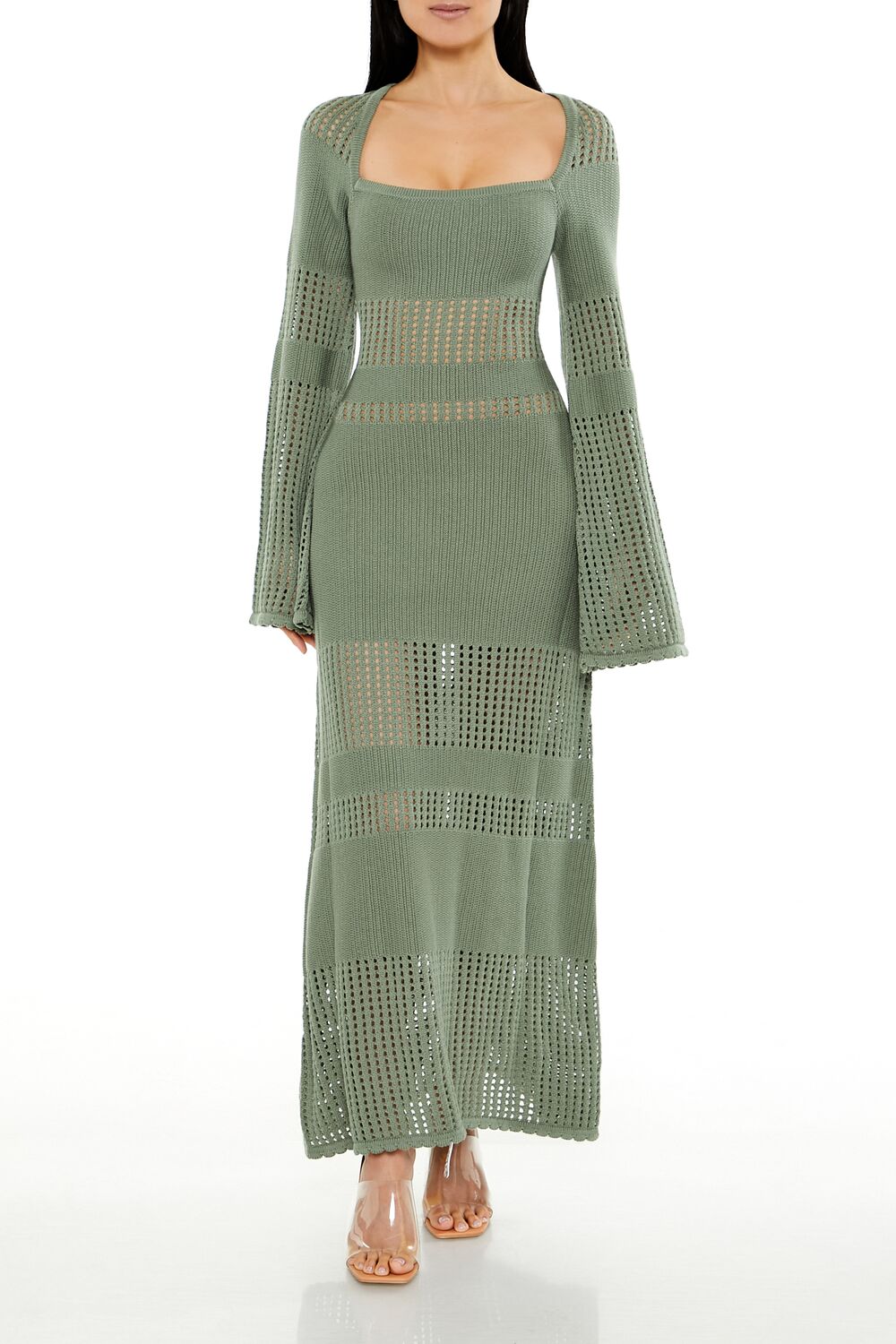 Open-Knit Bell-Sleeve Sweater Dress