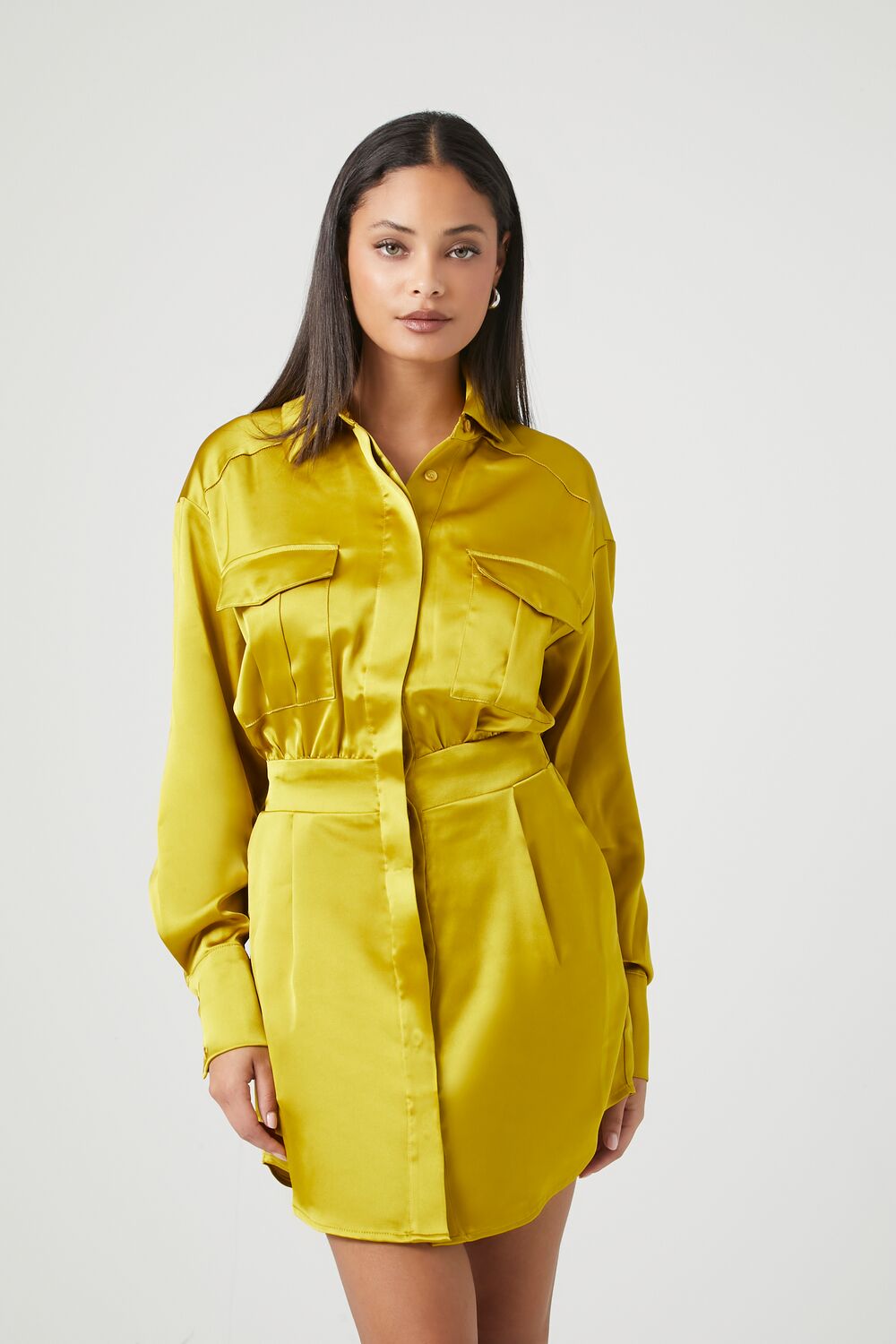 knee length dresses for ladies Satin Tie Waist Mini Shirt Dress main image 1