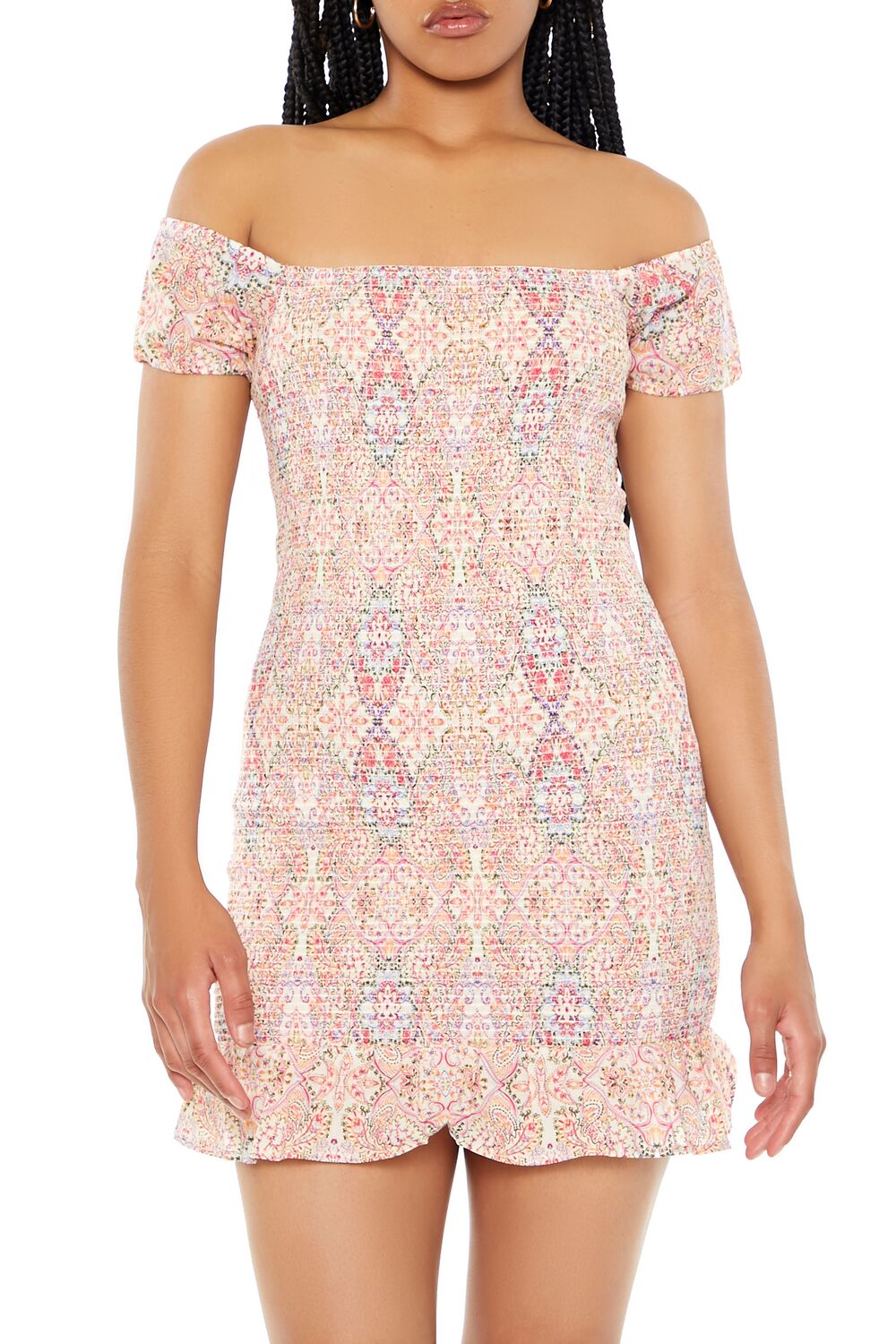 Smocked Ornate Print Mini Dress Pink/Multi / M