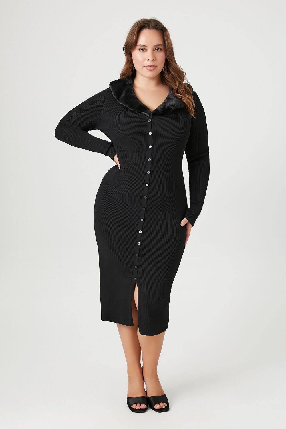 Plus Size Faux Fur-Trim Sweater Midi Dress