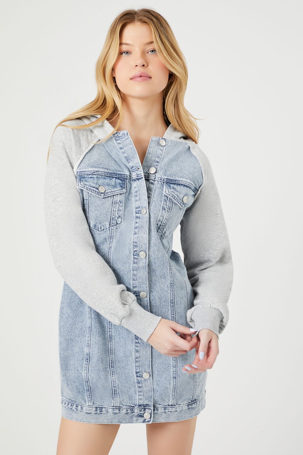 Denim Hooded Combo Mini Dress Denim Hooded Combo Mini Dress