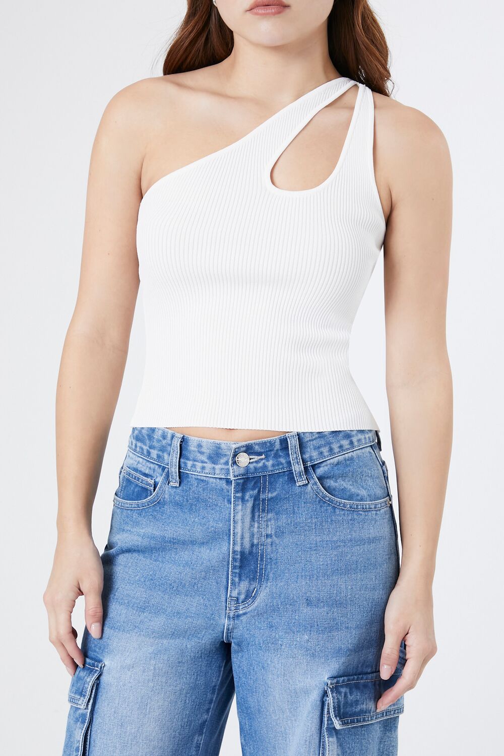 Sweater-Knit One-Shoulder Crop Top - Main Image