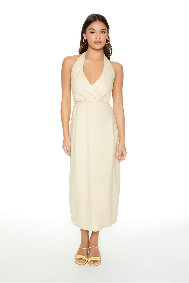 Surplice Halter Maxi Dress BEIGE / S Surplice Halter Maxi Dress BEIGE / S