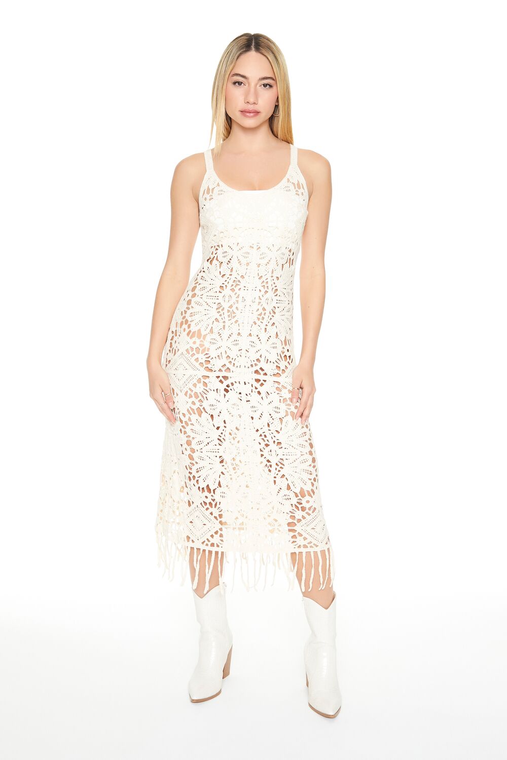Crochet Fringe Midi Dress IVORY / S