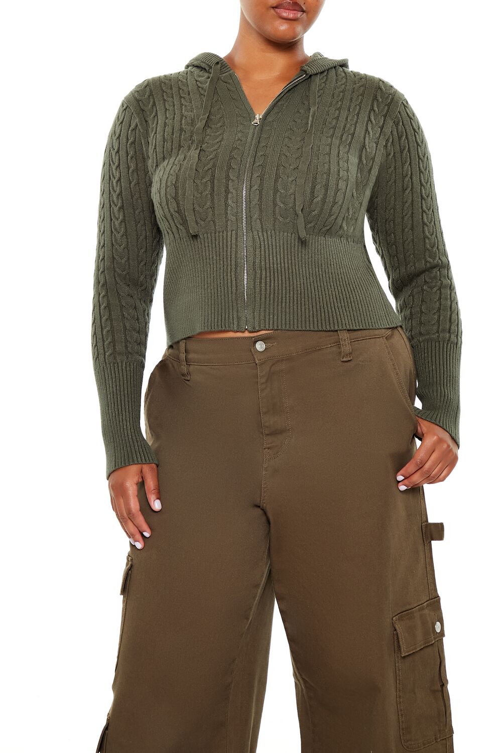Plus Size Cable Knit Zip-Up Hoodie