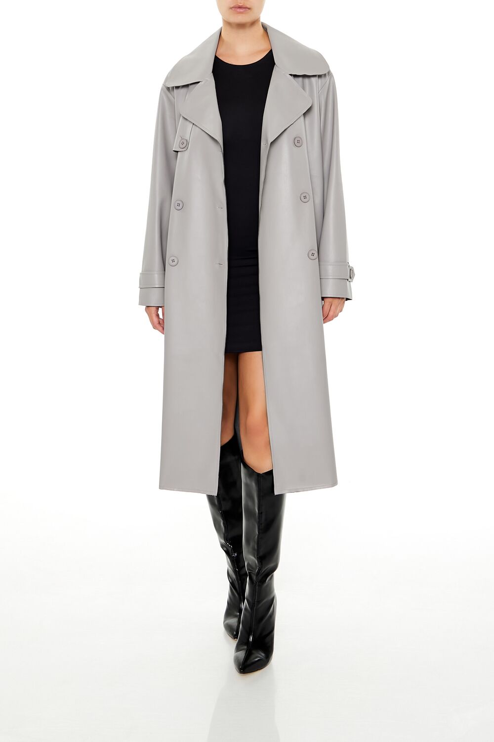 Faux Leather Notched Trench Coat