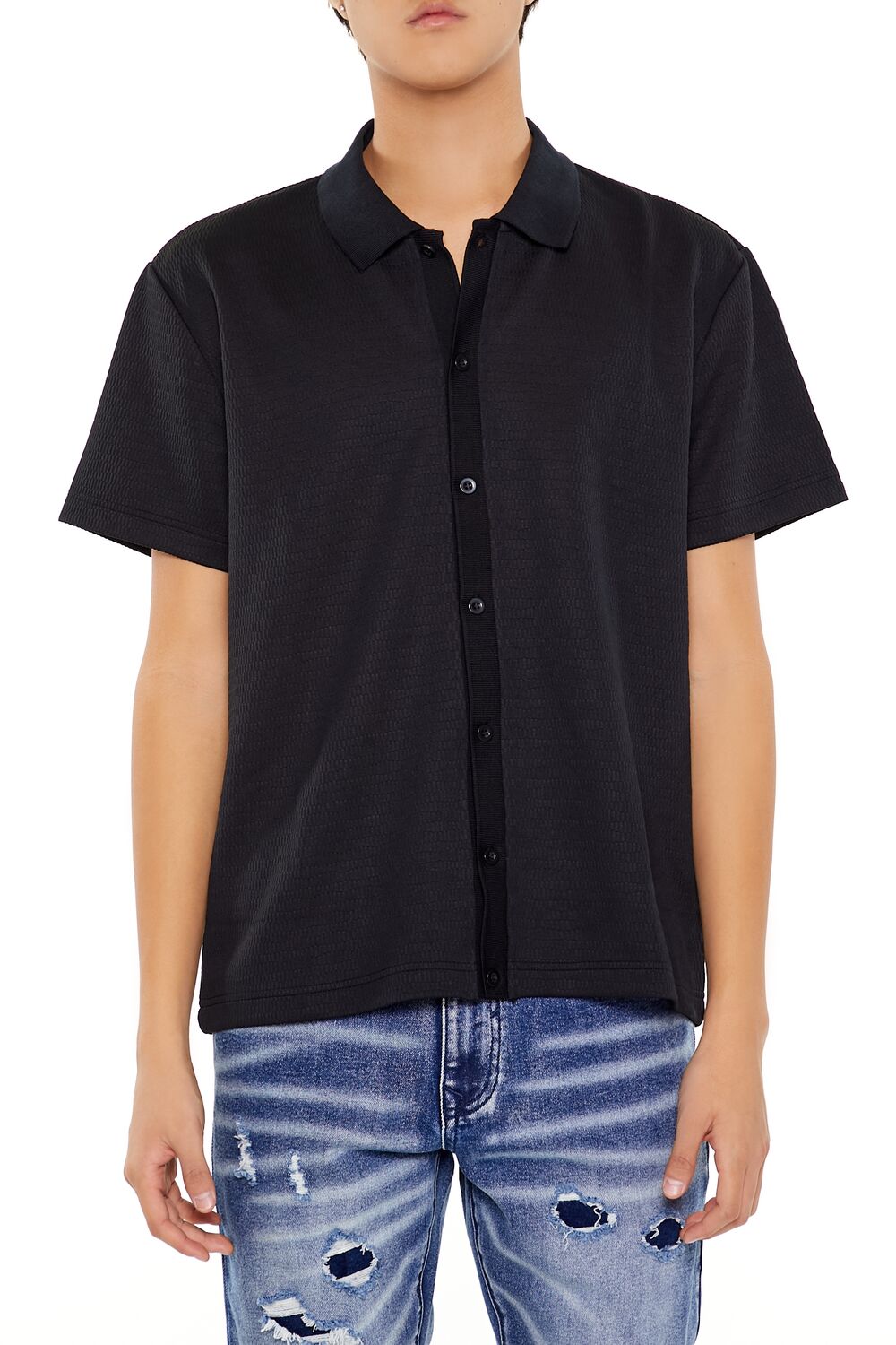 Textured Rib-Knit Button-Front Shirt