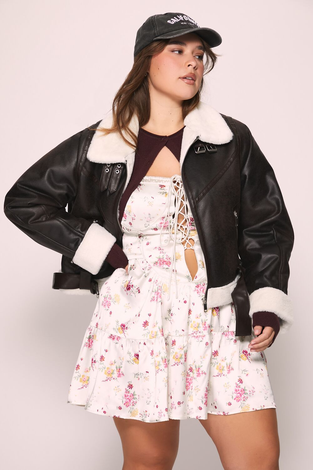 Plus Size Faux Shearling Aviator Jacket - Main Image