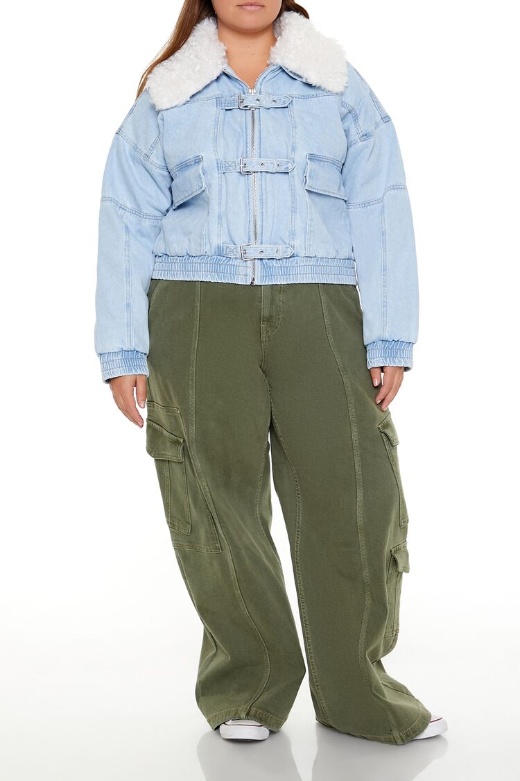 Plus Size Faux Shearling Denim Jacket