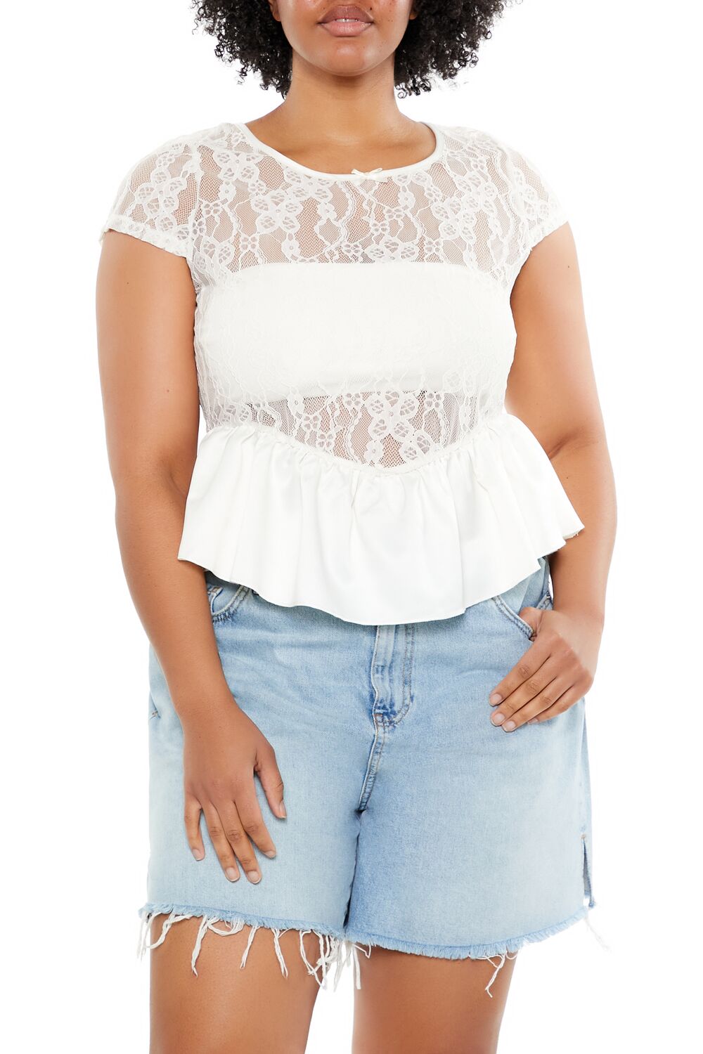 Plus Size Sheer Lace Peplum Top Egret / 2X, image size:1000x1500