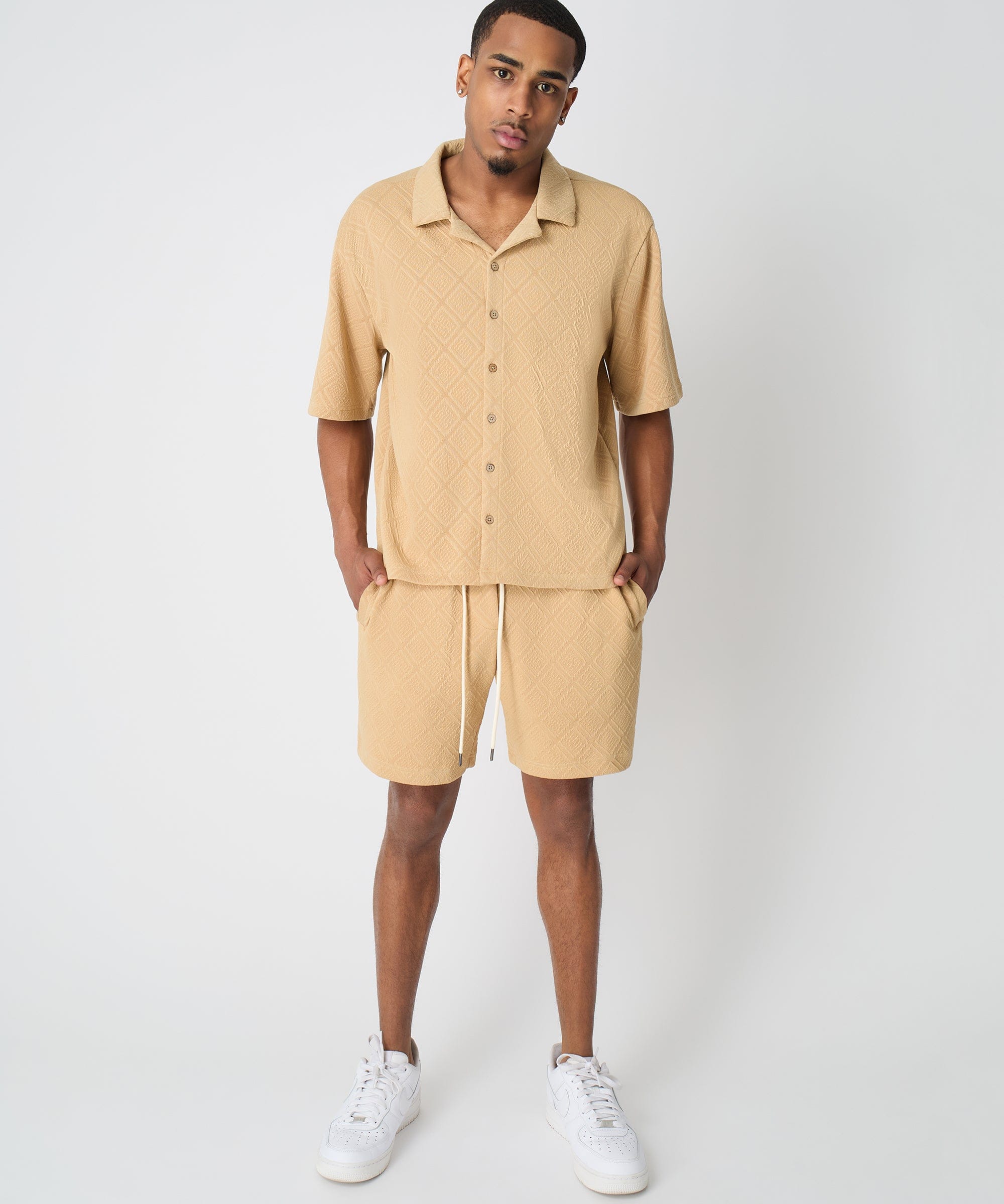 Textured Knit Short Sleeve Button Down Shirt - Taupe