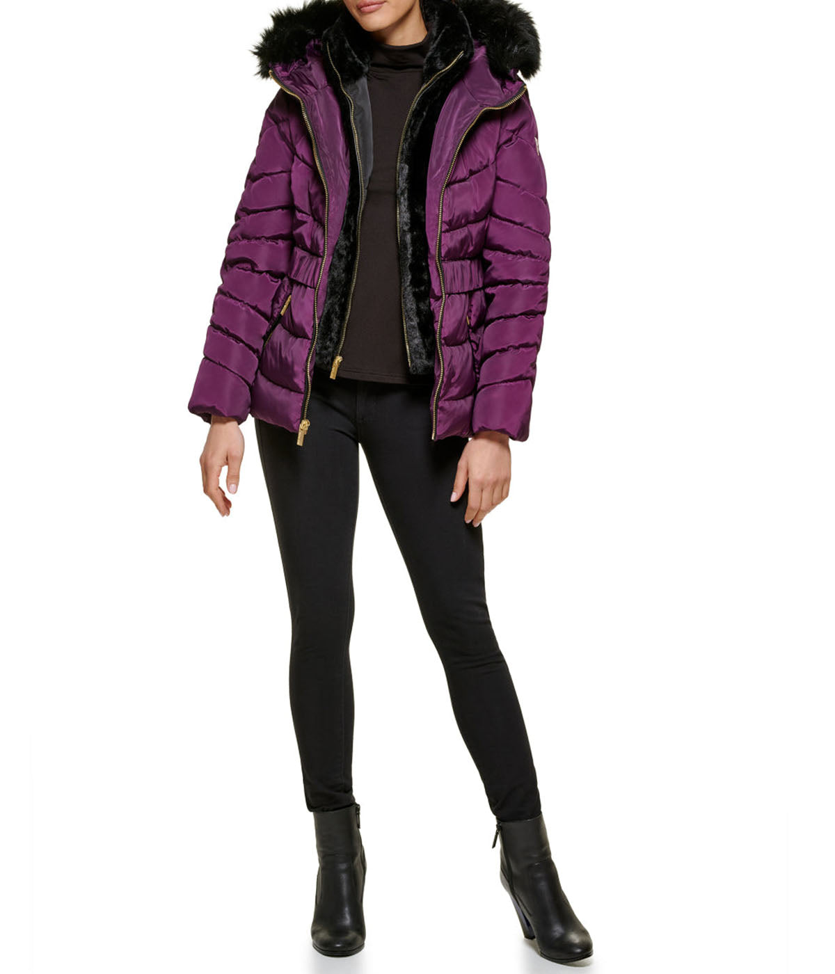 Faux Fur Trim Puffer Jacket 2 Eggplant