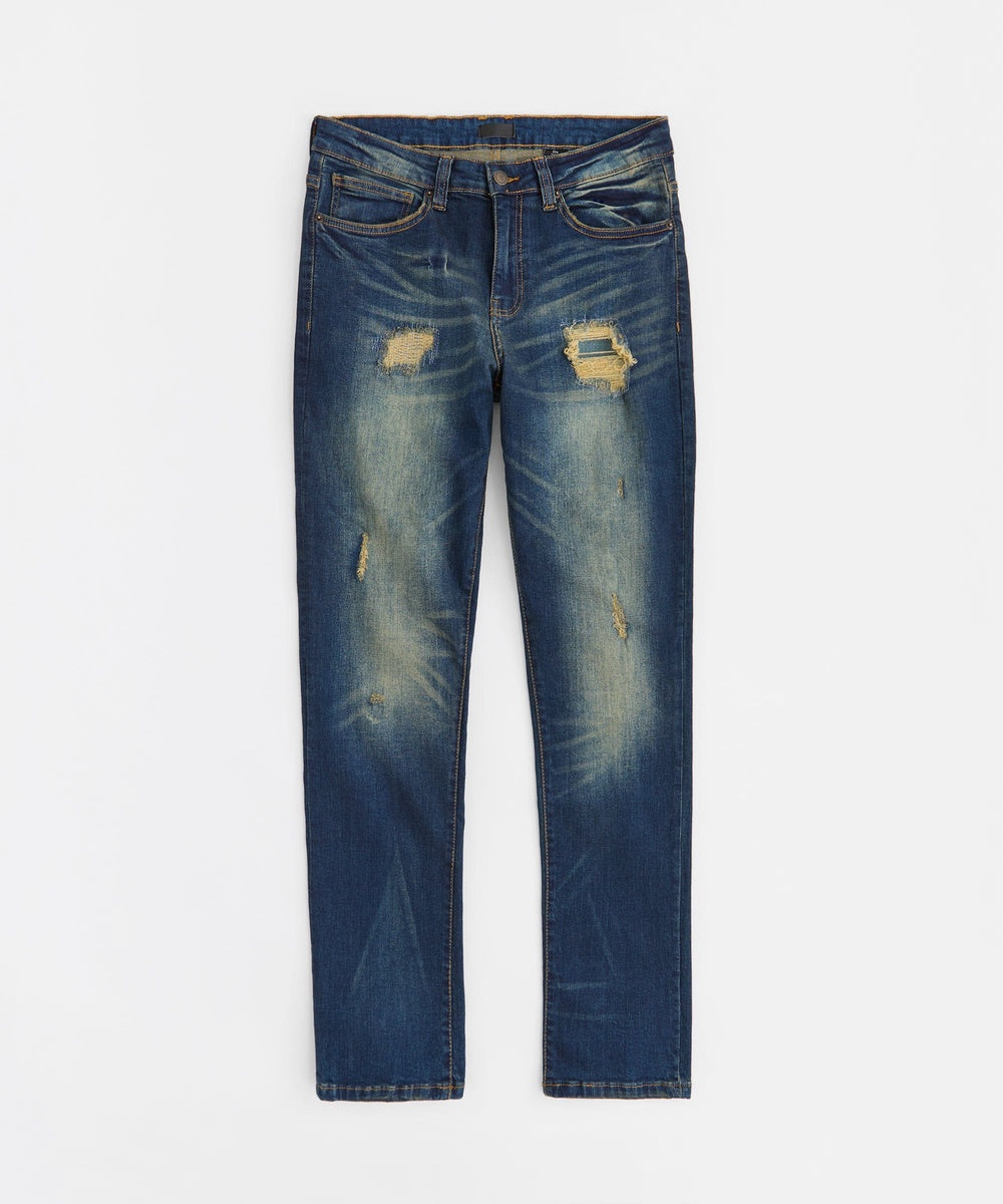 Men's Skinny Rip and Repair Denim Pants - Dark Blue