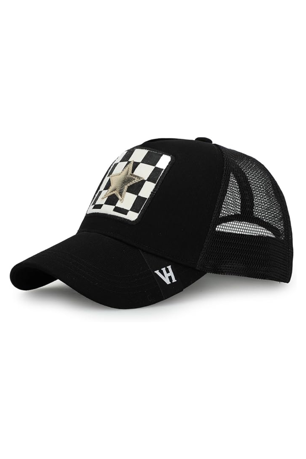 Vintage Havana Vintage Havana Trucker Hat for Women – Black Mesh & Canvas Adjustable Cap With Checkered Patch & Washed Gold Star