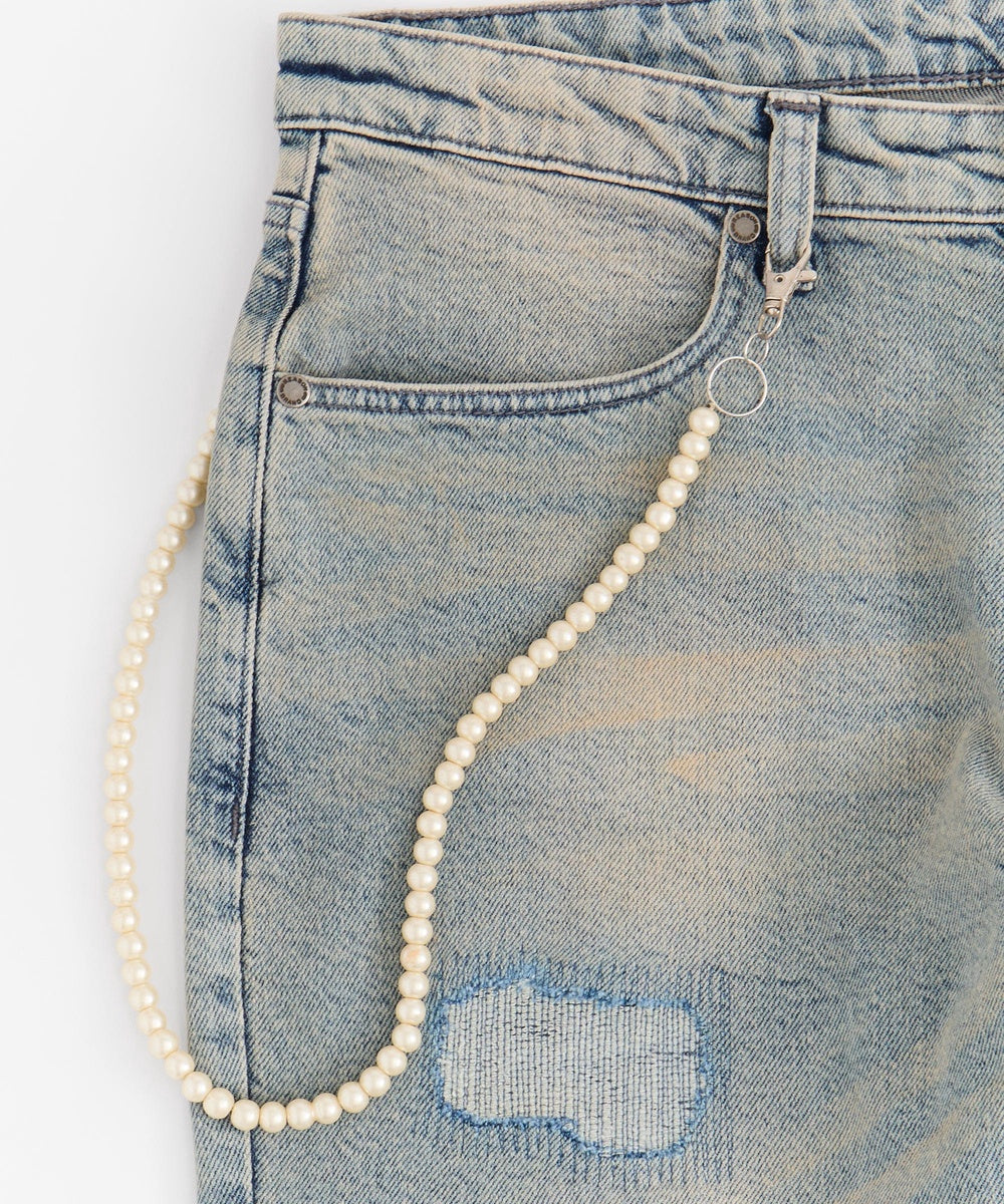 Pearls Chain Denim Jeans - Dark Blue