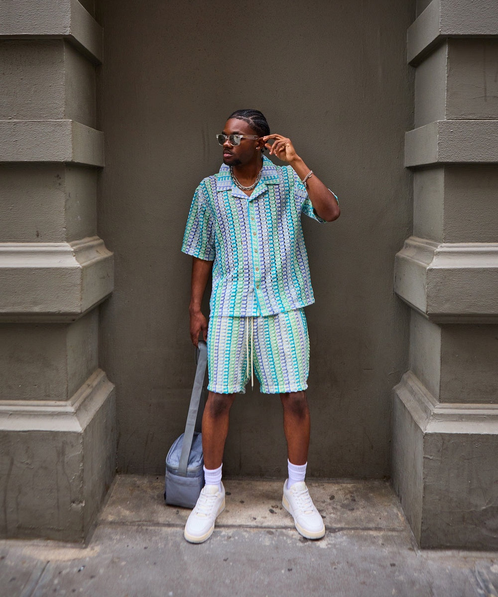 Textured Knit Short Sleeve Button Down Shirt - Light Blue